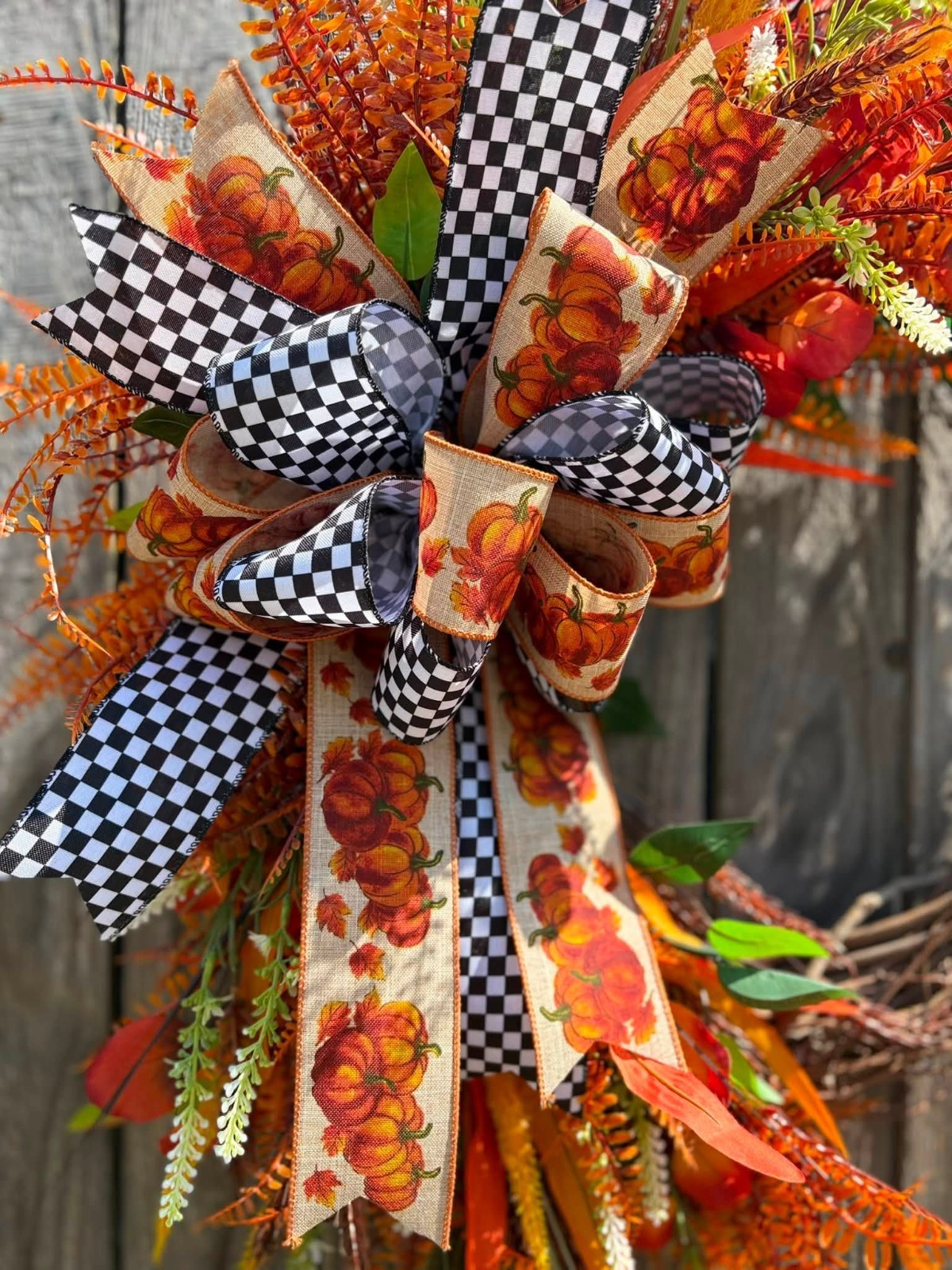 Handmade Fall Black & White Checkered Pumpkin Fern Wreath, Autum Decor, Seasonal