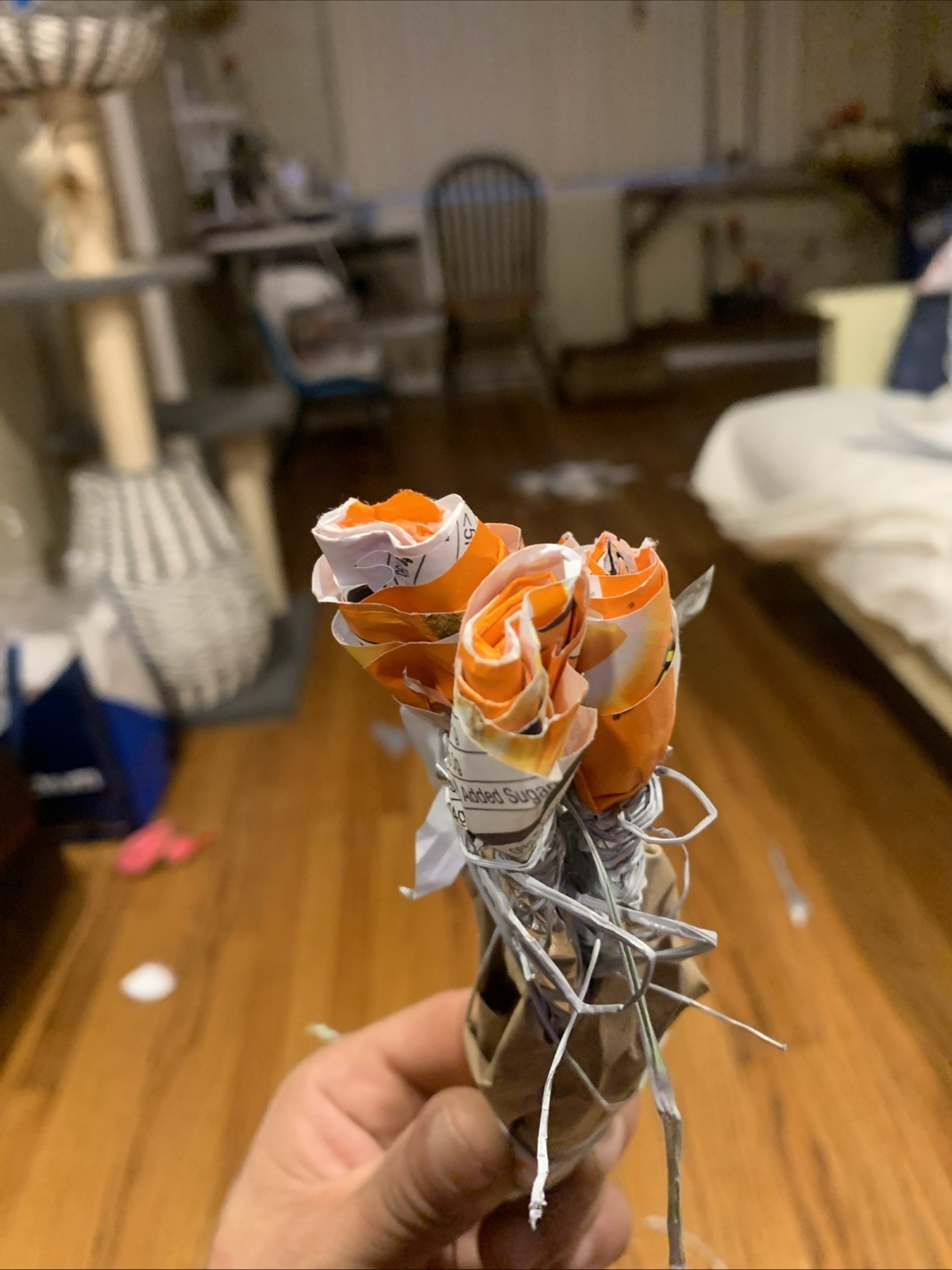 Three Rose Stems w/orange Rose Buds Made From •Gold Fish Snack Cover Wrap W Love