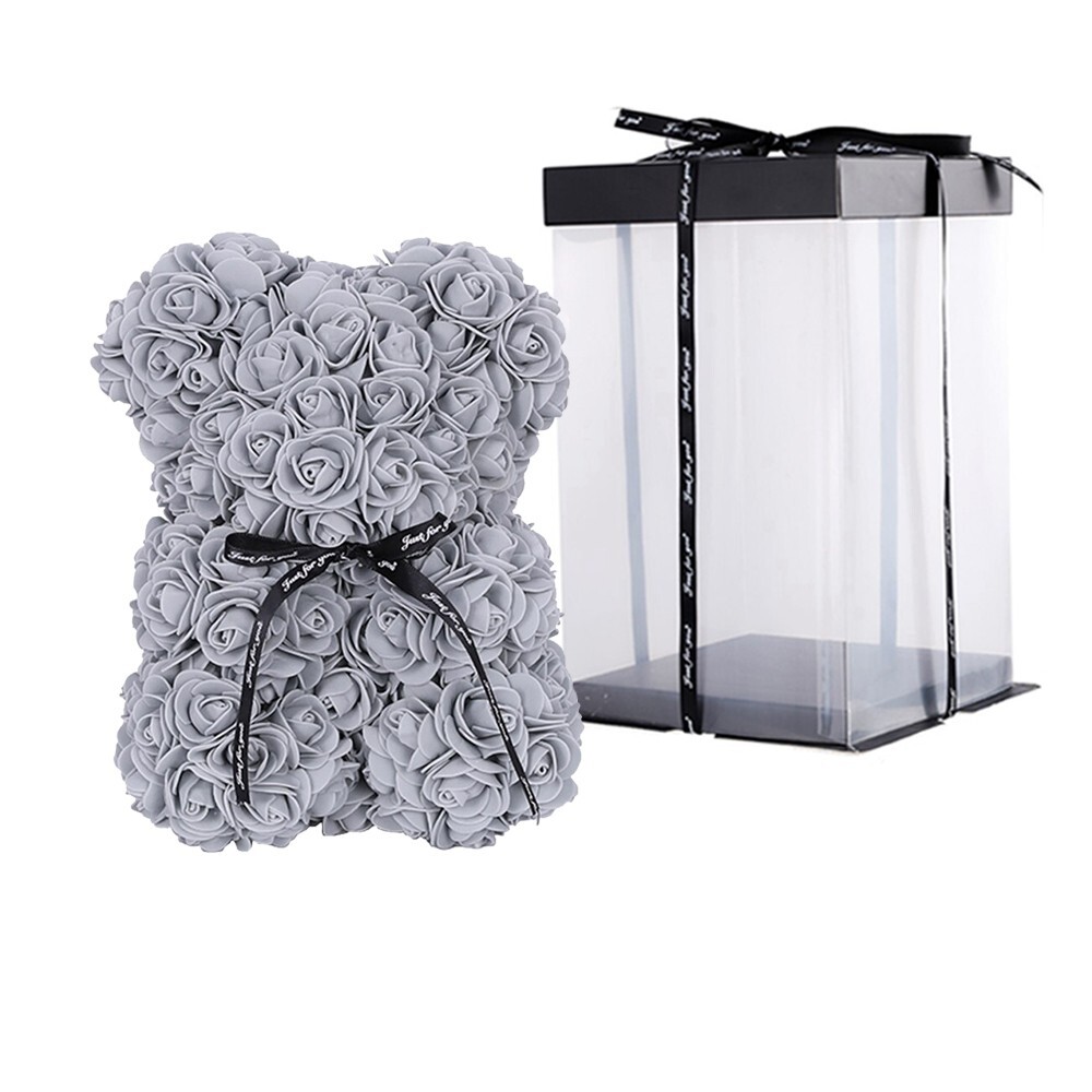 2023 Gray Rose Flower Teddy Bear with Gift Box (25cm)Valentines & Birthday Party