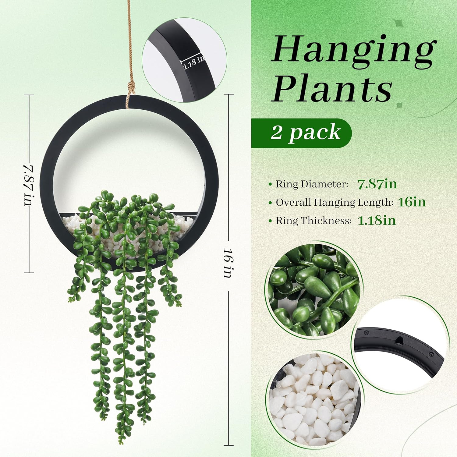 2 Pack Fake Plants Hanging Artificial Succulents Plants in Black Pots for Living