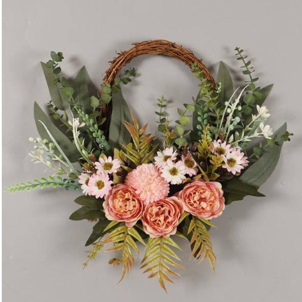 Artificial Wreath with Fabric and Plastic Flowers for Indoor Wall Decoration