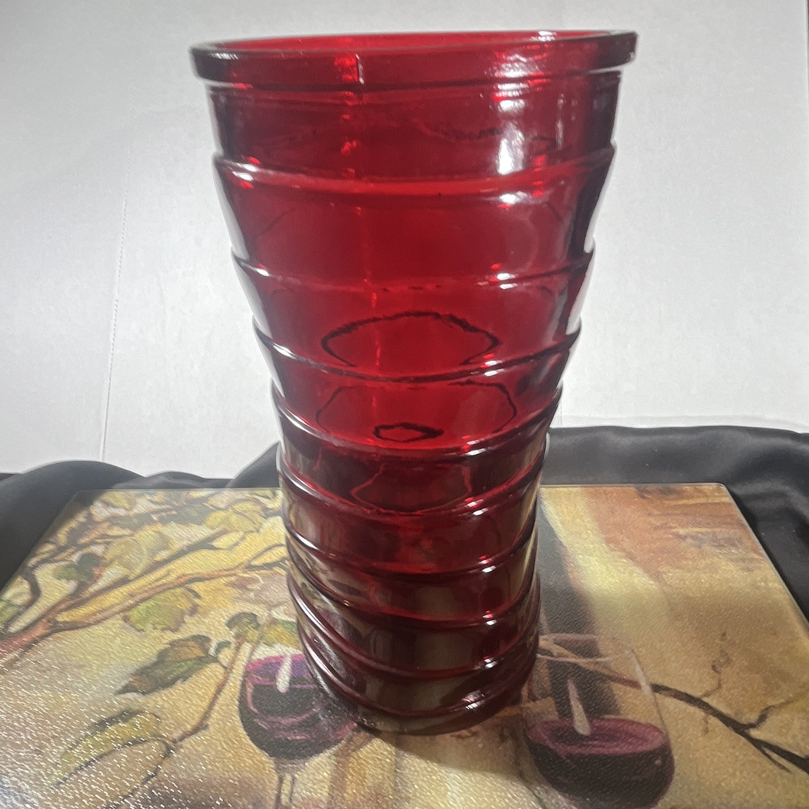 Unique Vintage Hoosier Glass Co Red Glass Mishappen Ribbed Glass Vase 1092508