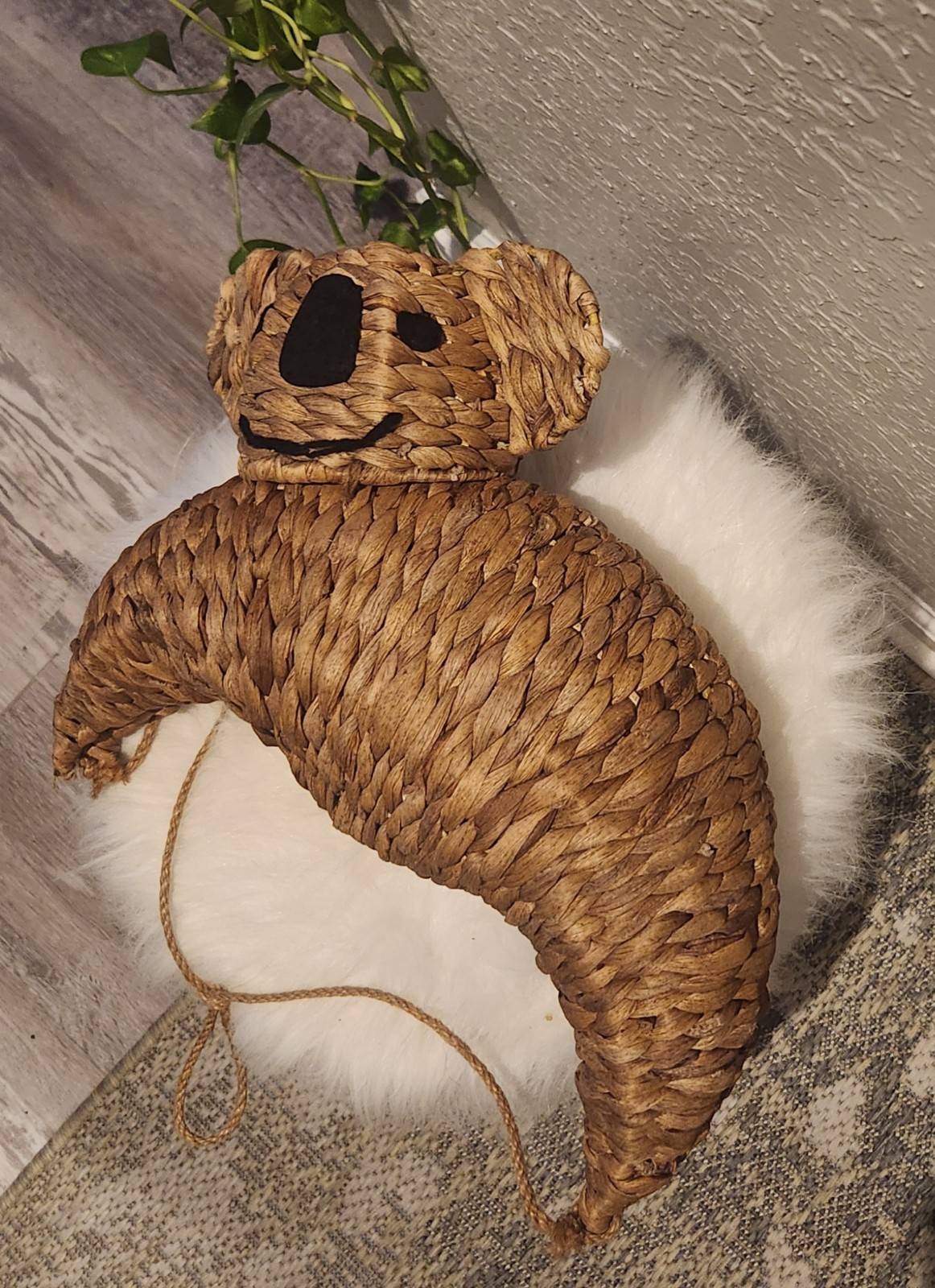 Koala hanging animal basket, handwoven, made in Vietnam, 15 in L, 6.5 W, 12.5 H