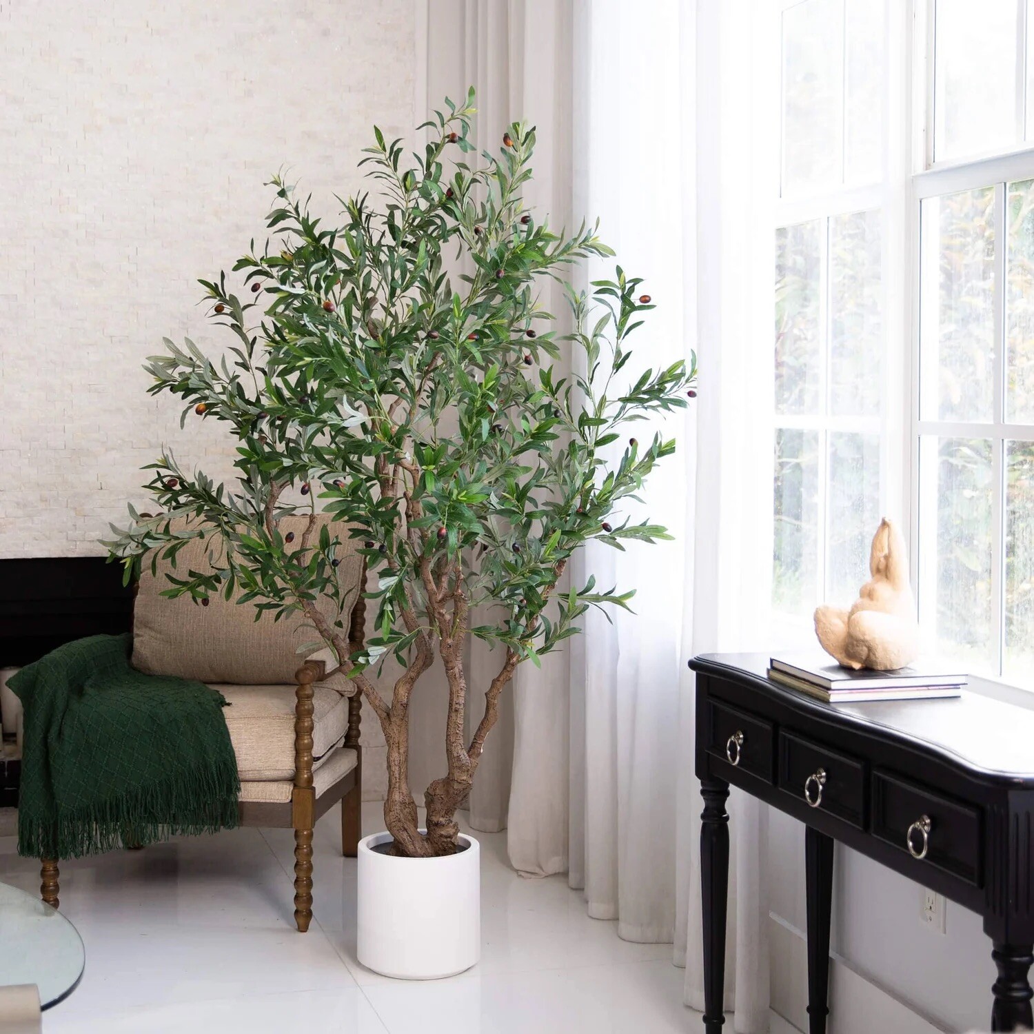 6’ Artificial Grand Olive Tree in White Decorative Planter. Retail $349