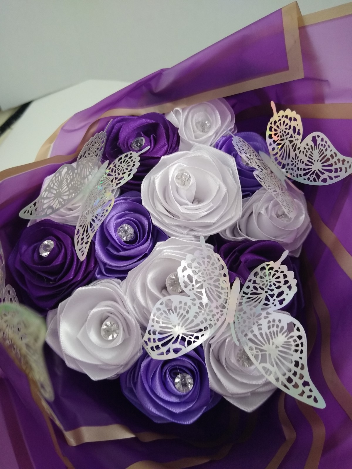 Eternal Roses Bouquet Purple 12 Flowers Butterflies 17″ X 10″ Wedding Celebrate