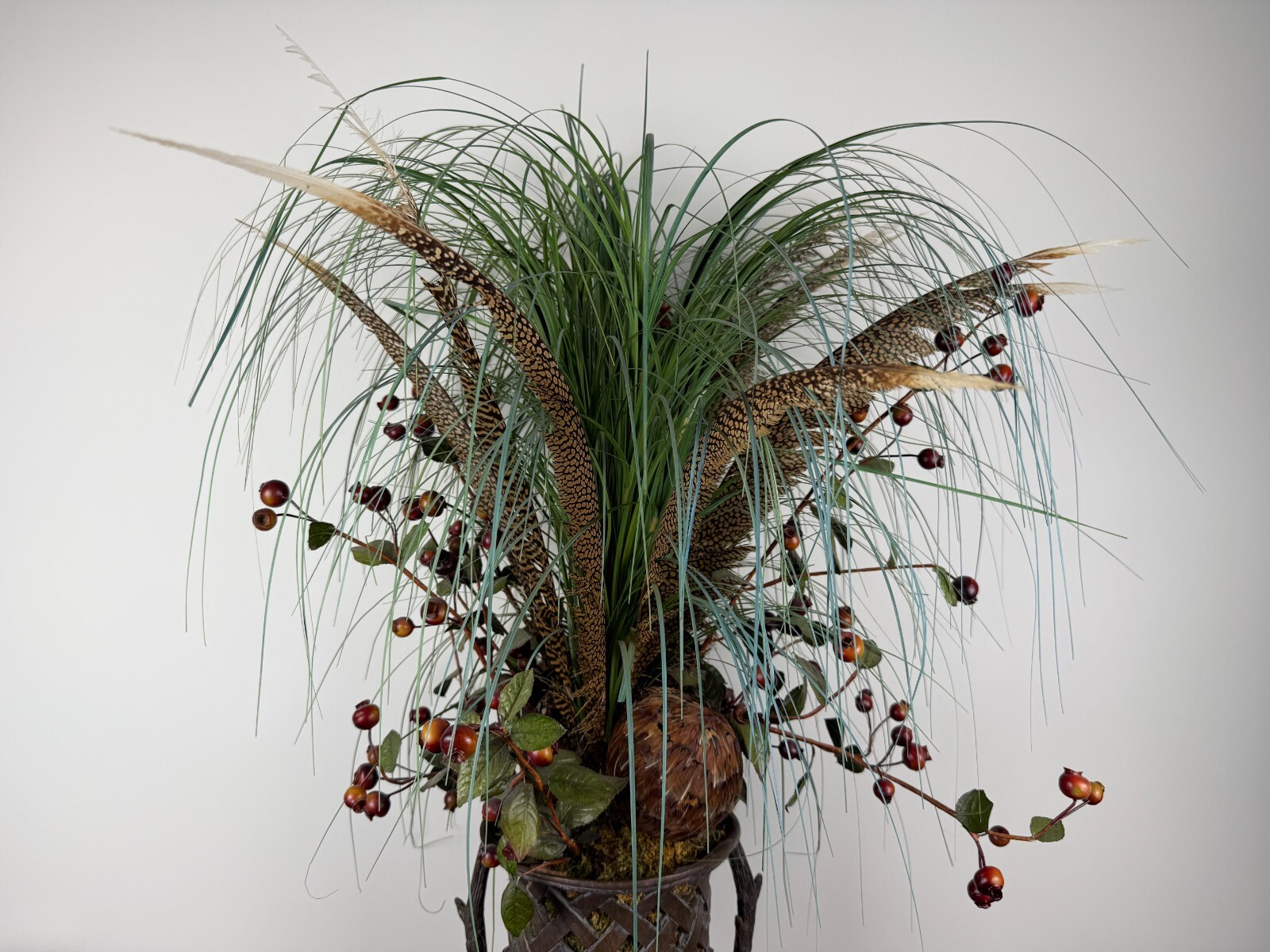 Rustic Stag Head Urn Faux Floral Arrangement Pheasant Feather Lodge Centerpiece
