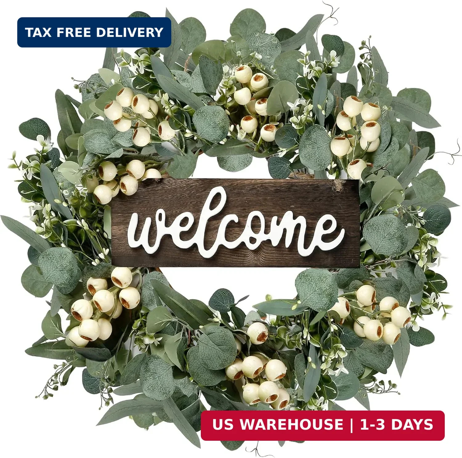 Sggvecsy Green Artificial Eucalyptus Wreath with Welcome Sign 20in Spring Summer