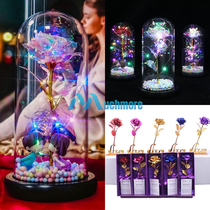 Preserved Eternal Rose In Glass Galaxy Flower Dome with LED Light Holiday Gifts