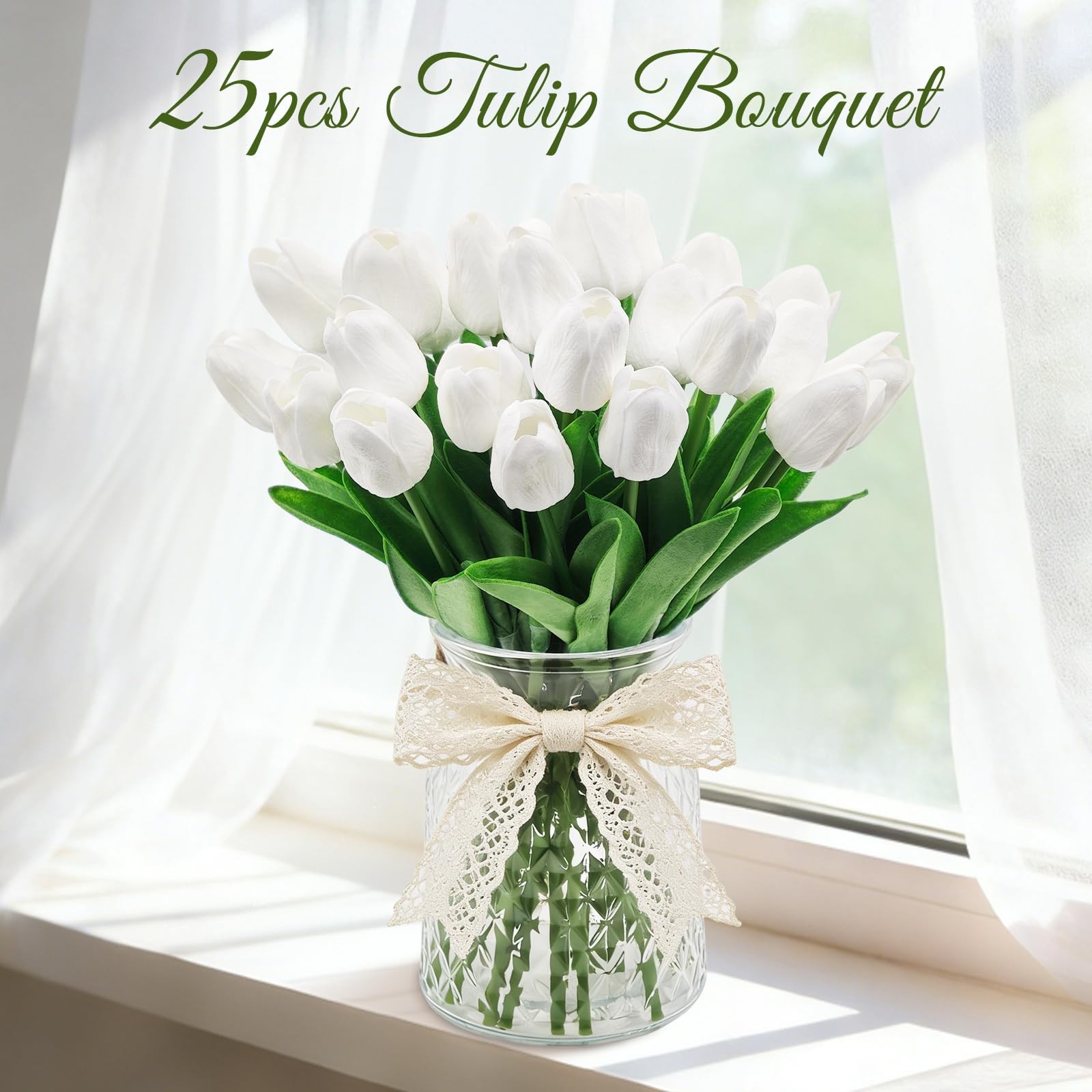25 PCS White Tulips Artificial Flowers Real Touch Faux Bouquets Spring Wedding