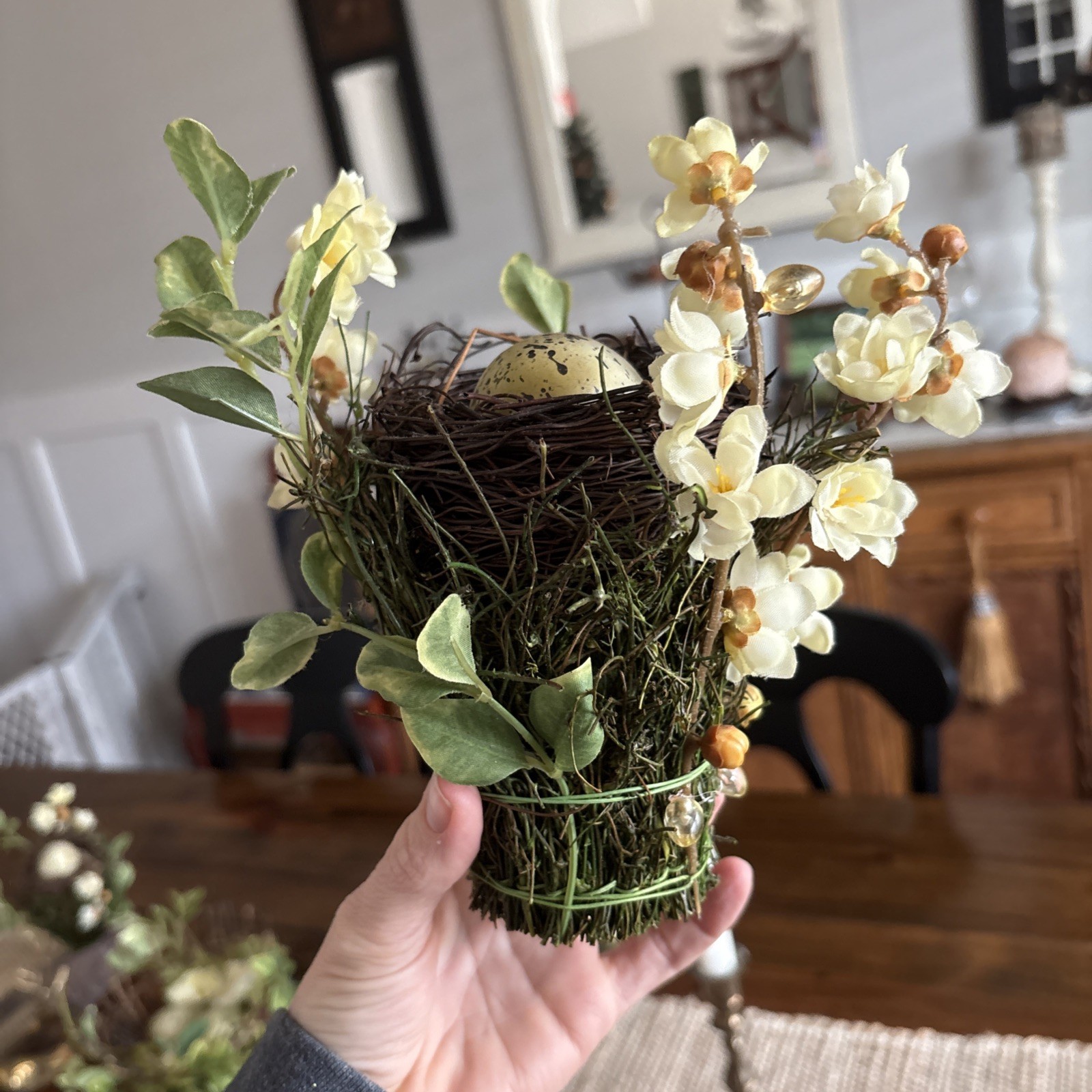 Easter Table Decor Bird’s Nest With Faux Eggs & Yellow Artificial Flowers Spring