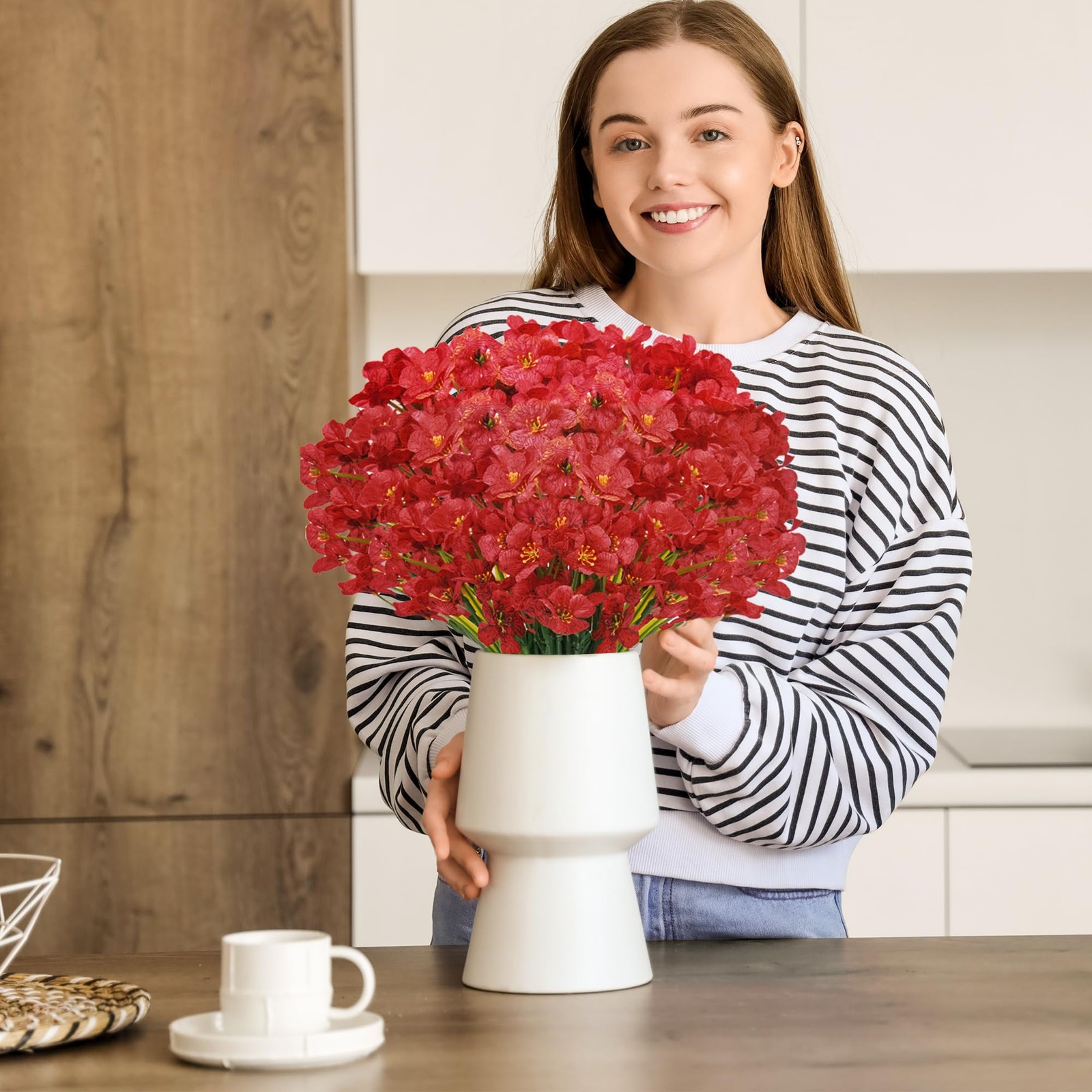 12 Bundles Red Artificial Flowers, No Fade Plastic Orchid Fake Flowers for De…