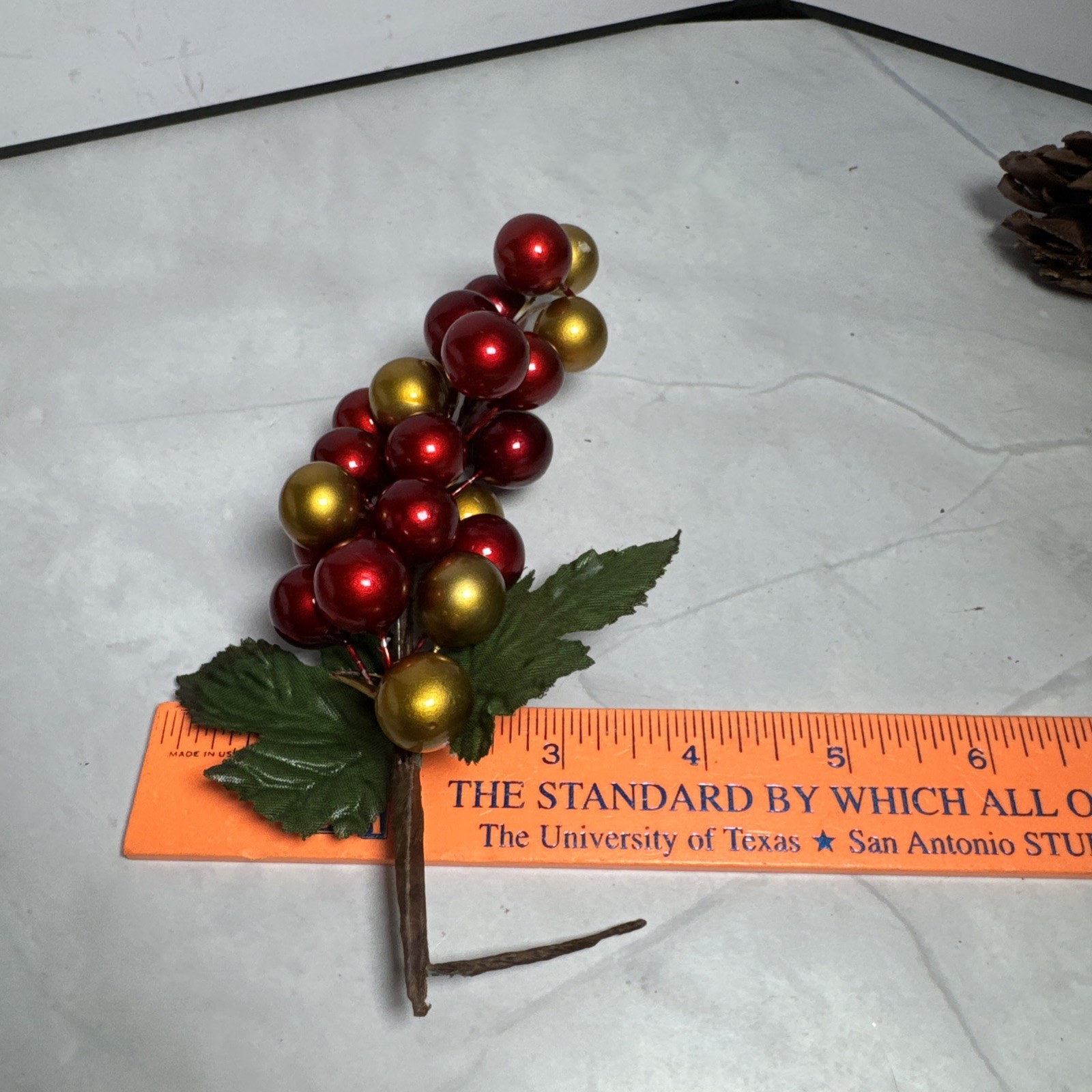 Red And Gold Holly Berry Stem and 4 Pine Cones Individual.