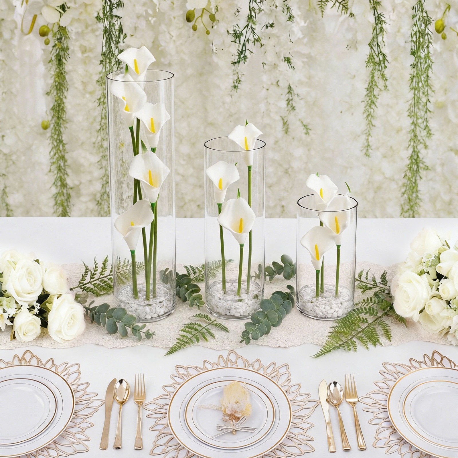White Calla Lily Centerpiece Set of 3, Acrylic Cylinder Vases with Faux Flowers