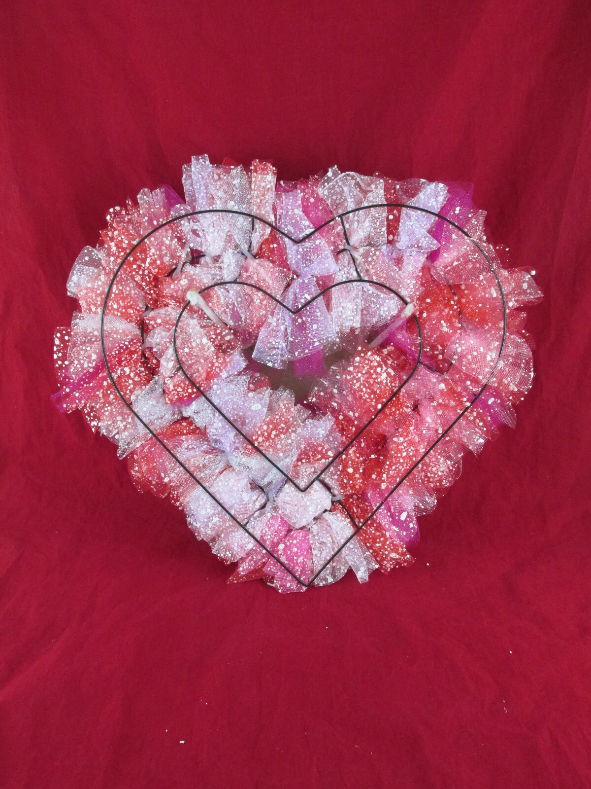 Red, White, and Pink Faux-Snow Deco Mesh Heart-Shaped Wreath