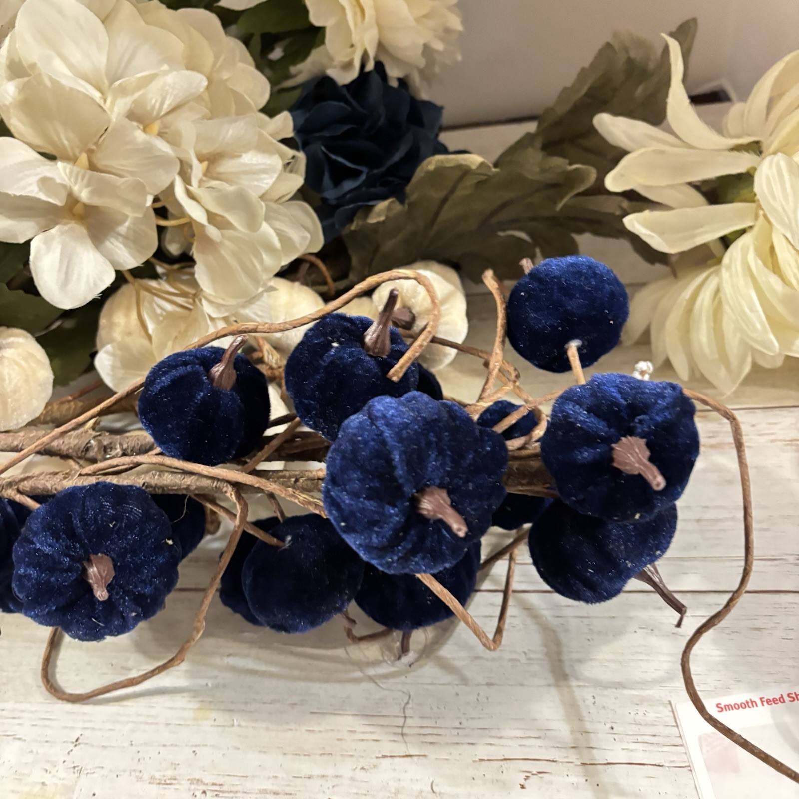 Long 31” Stem Huge Silk Variety White, Blue Flowers & Navy Long Stem Pumpkins