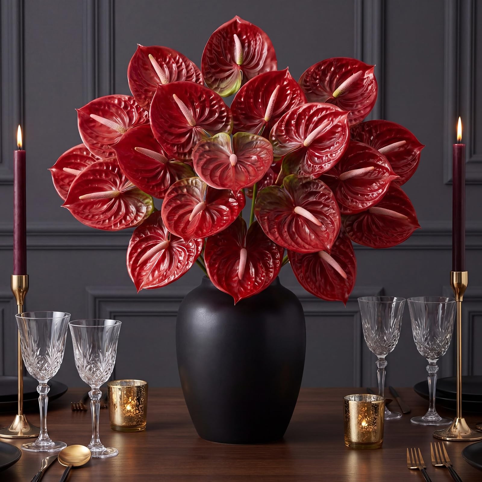 Artificial Anthurium Flowers Gradient Red 23.6 Inch Fake Bouquets 20 PCS