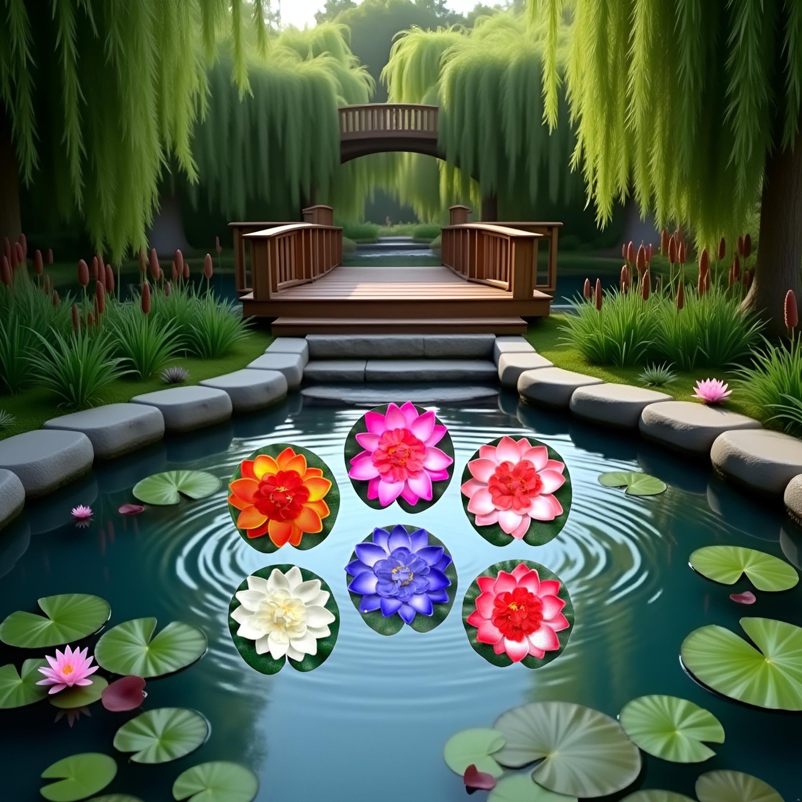 6 Pcs Large Floating Lotus Flowers Faux with Artificial Lily Pads, Artificial.