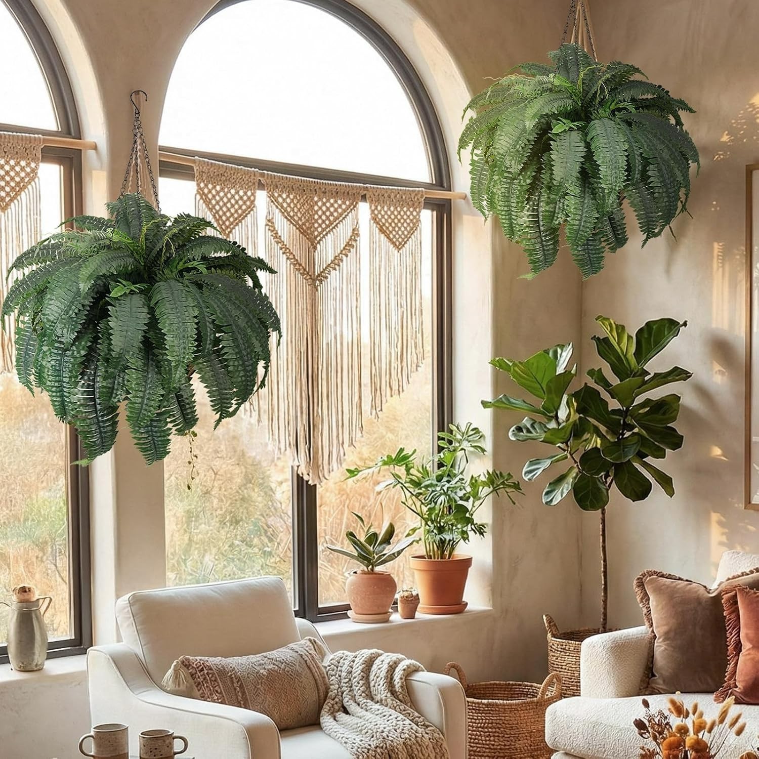 72 Frond Faux Ferns 48in in Waterproof Hanging Baskets – 2 Pack for All Seasons