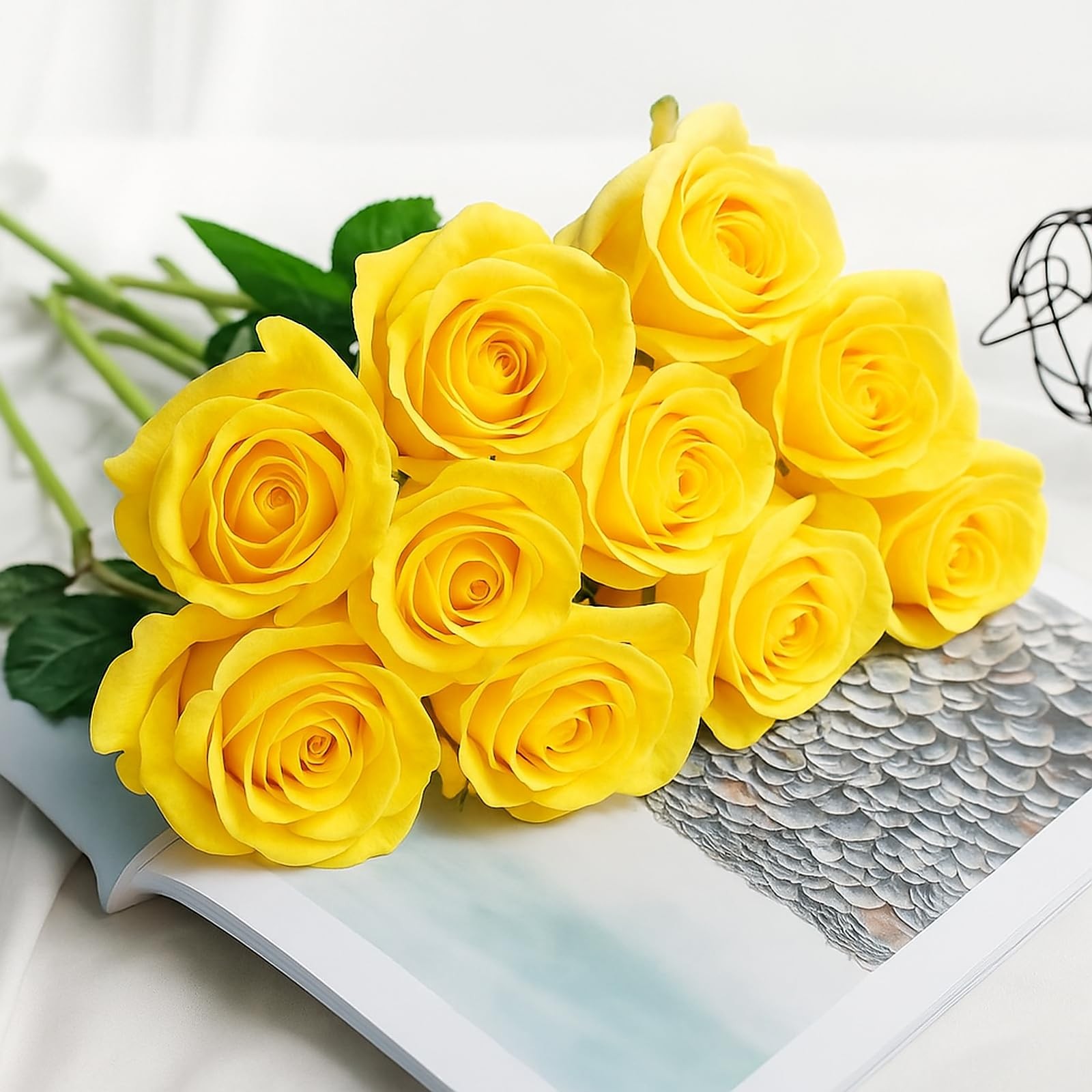 Yellow Roses Artificial Flowers 15 PCS, Fake Roses Silk Flowers with Long Ste…