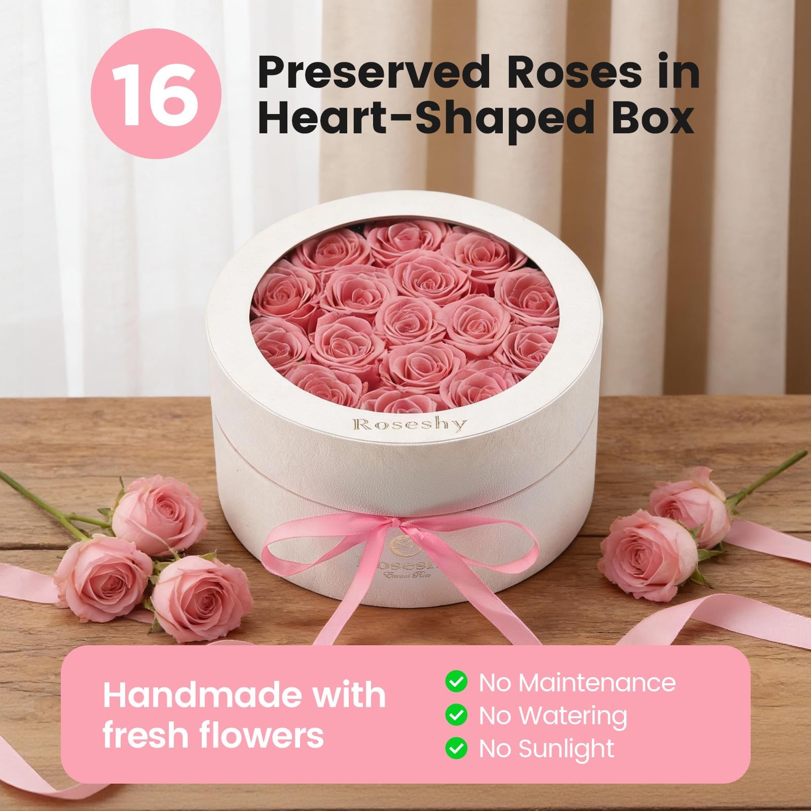 16 PCS Pink Forever Preserved Roses in Round Gift Box Mothers Day Women