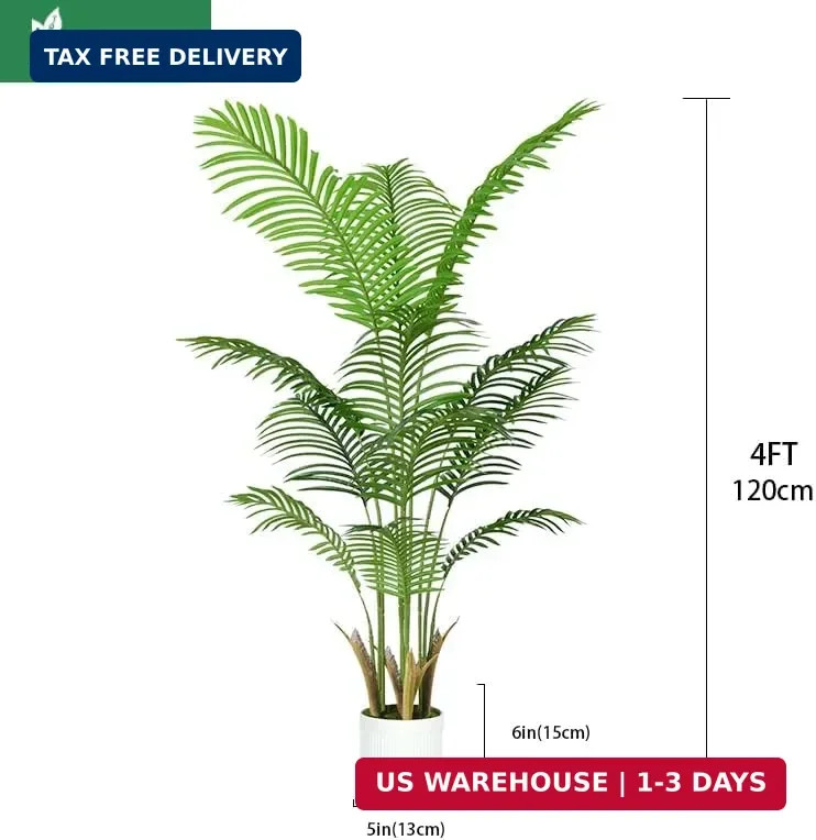 4FT Artificial Palm Tree Indoor with White Pot, Realistic Leaves, 9 Trunks Adjus