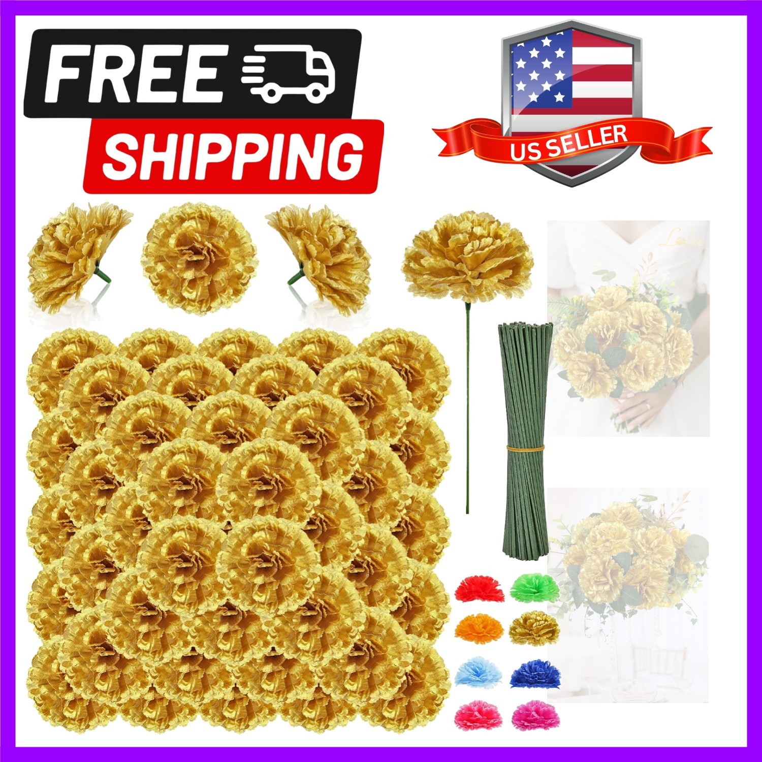 108pcs Carnation Head Flowers with Stem – Gold Artificial Flowers Carnations …