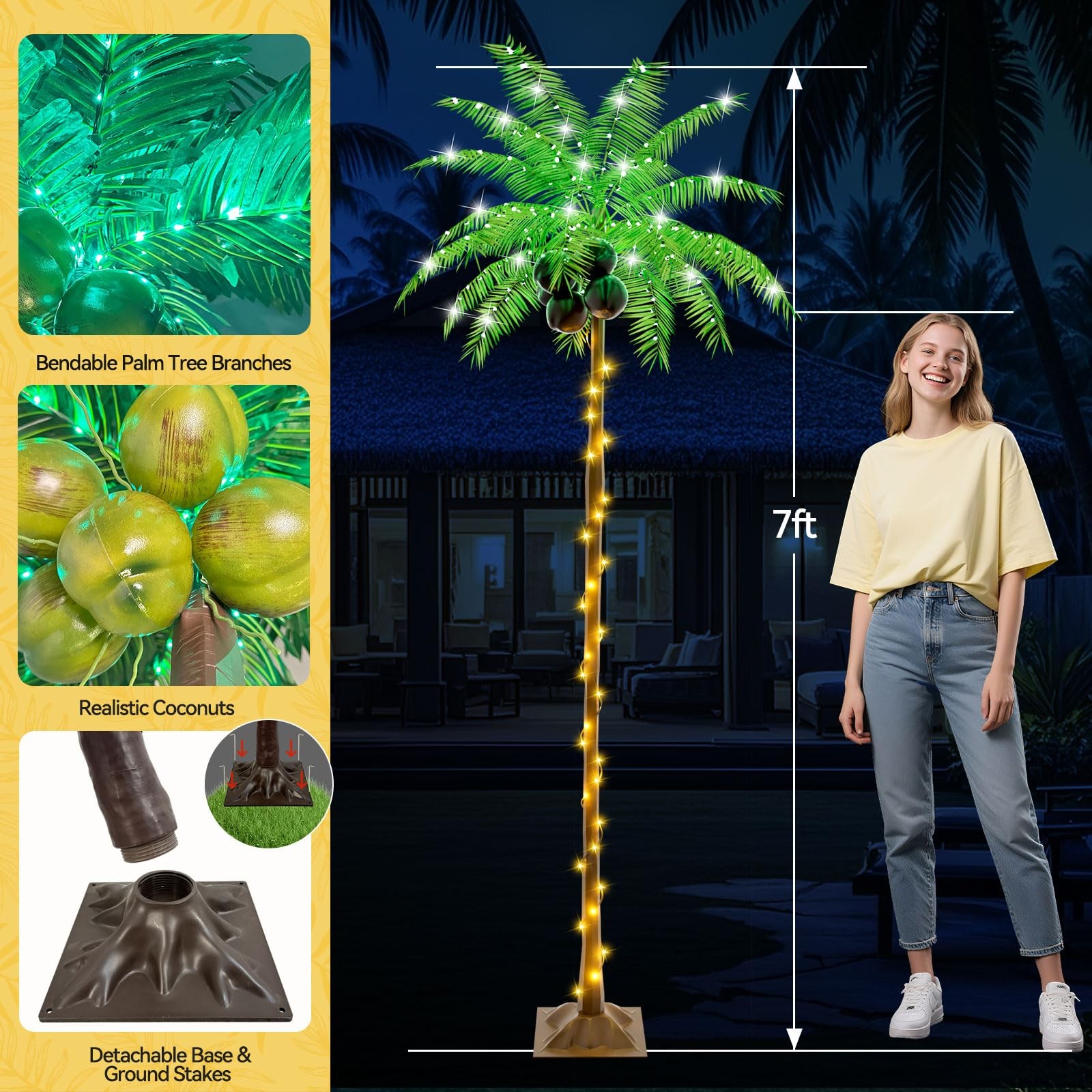7FT Solar Plug In LED Palm Tree Artificial Fake Coconut Tiki Bar Outdoor 5 Cocon