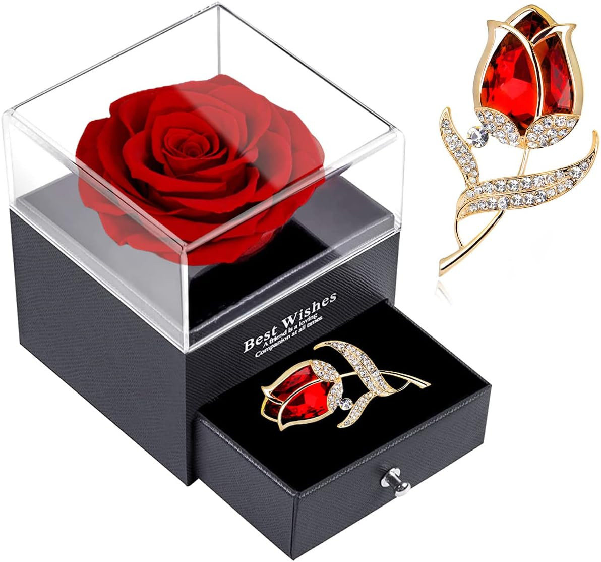 SWEETIME Preserved Red Rose Gift Box- Enchanted Real Roses with Ruby Brooch, Ete