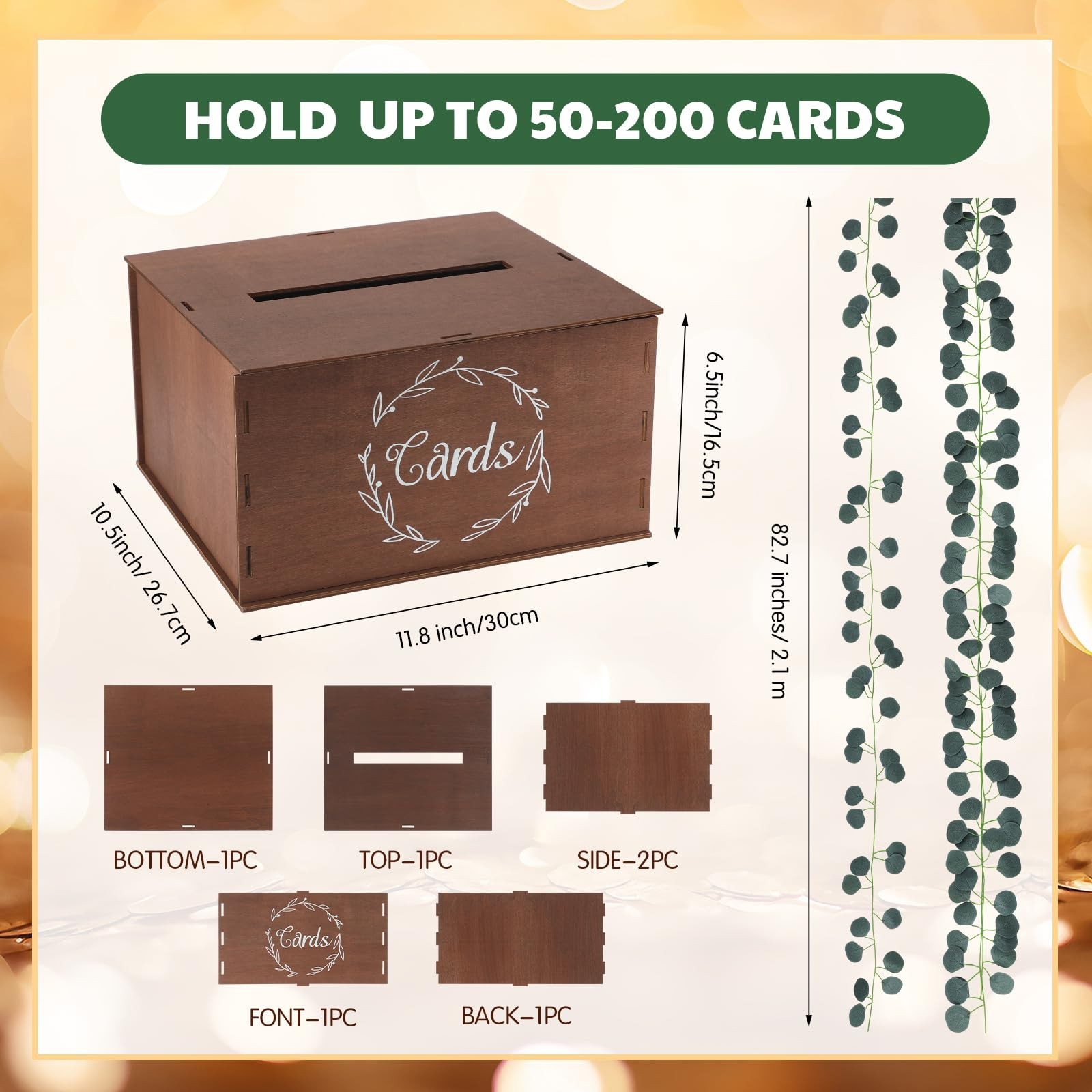Wooden Wedding Card Box Slot Lid Artificial Eucalyptus Branch Decor