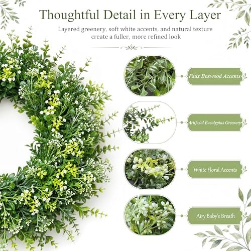 26 Inch Large Artificial Eucalyptus & Boxwood Wreath for Front Door All