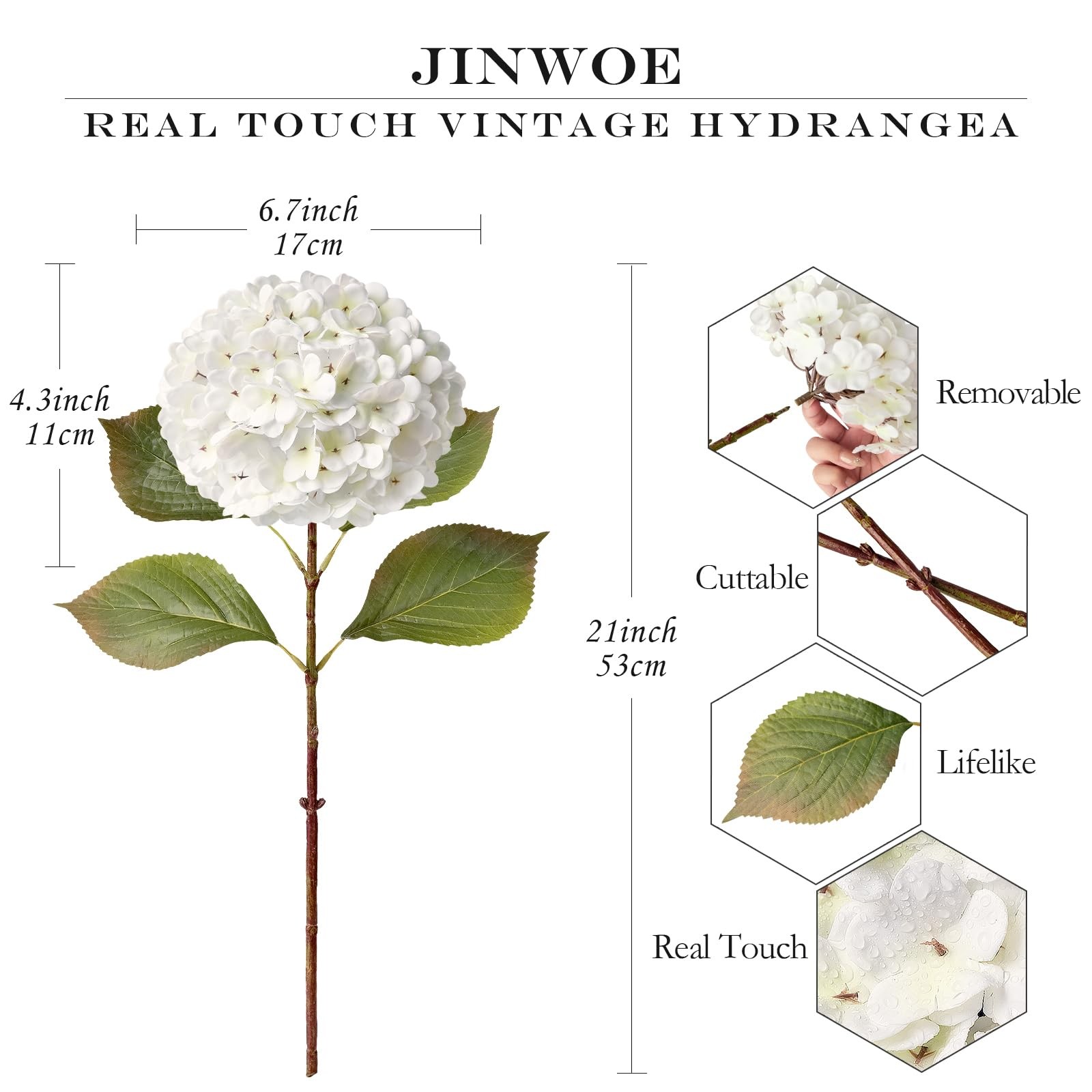 JINWOE 4PCS White Faux Hydrangea Flowers 21″ Vintage Real Touch Latex Silk