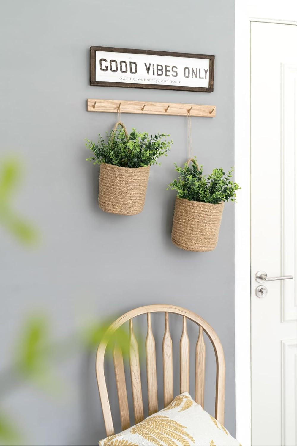 2 Pack Wall Hanging Rope Basket (6.5″W×7″H) with Artificial Eucalyptus, Jute Wov