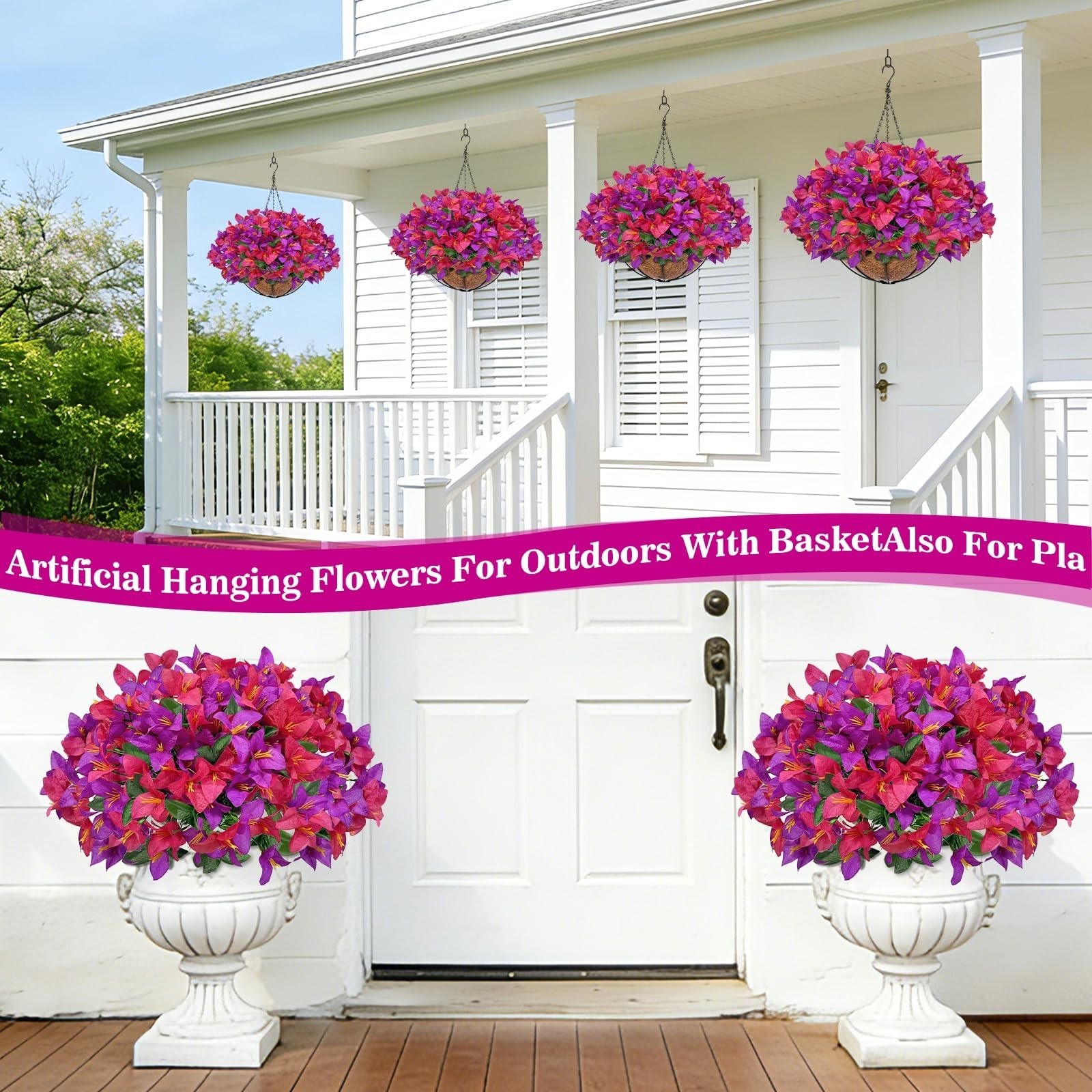 Faux Hanging Flowers for Outdoor Decor – UV Resistant Bougainvillea Planters, Re
