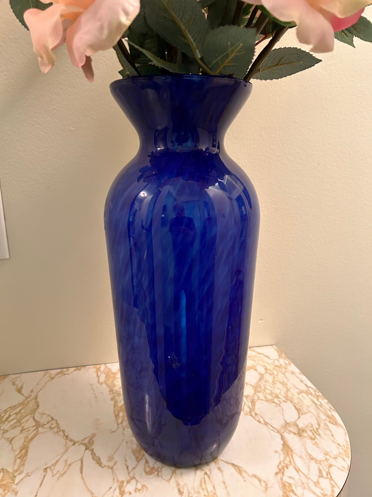Artificial Silk Flowers & Cobalt Glass Vase Arrangement 30″ Tall x 20-1/2″ Wide