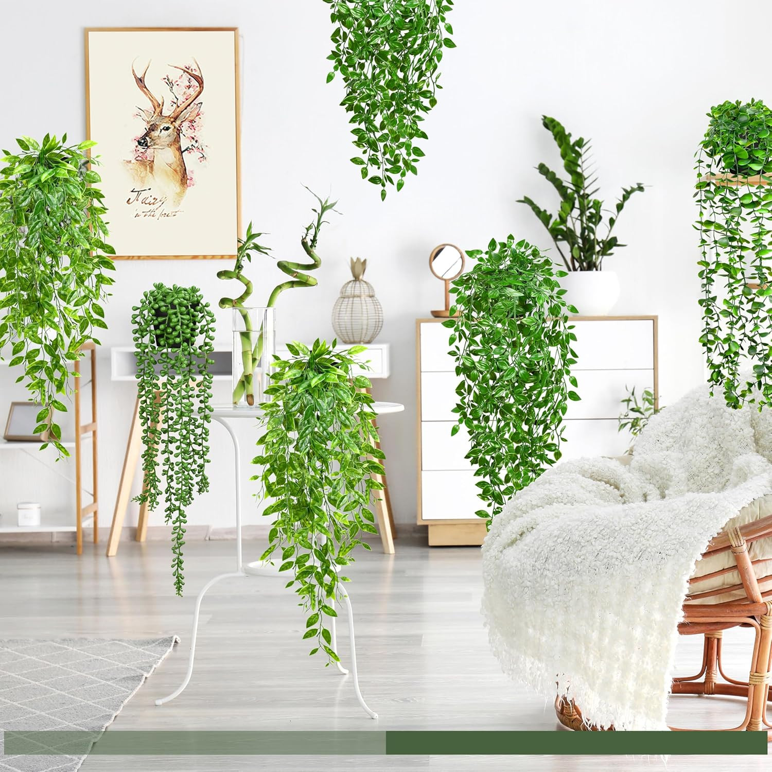 4 Pack Faux Artificial Hanging Plants, UV Resistant Fake Potted Greenery with Eu