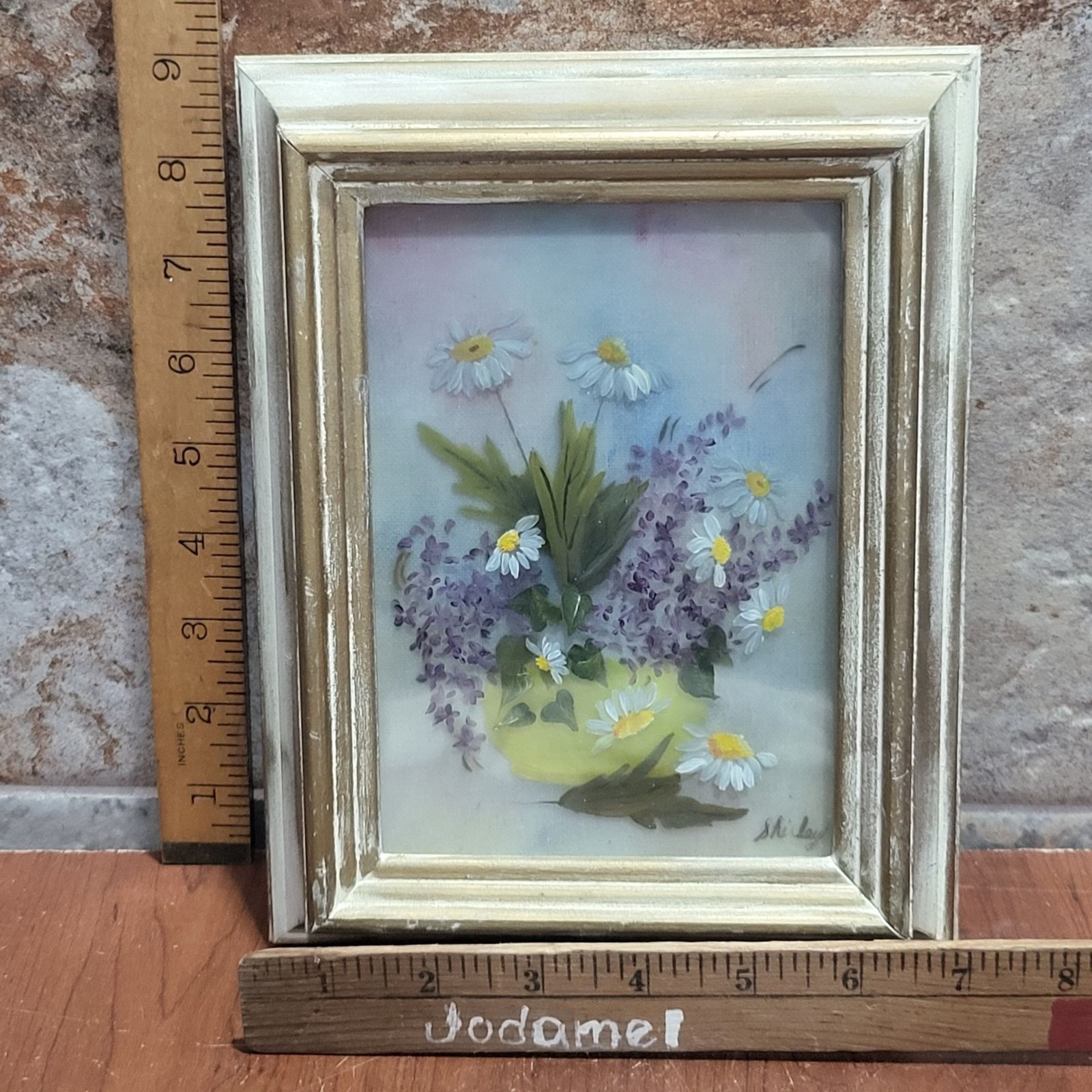 Framed Artwork Dried Flowers 3D Floral Arrangement Yellow Vase Signed Shirley