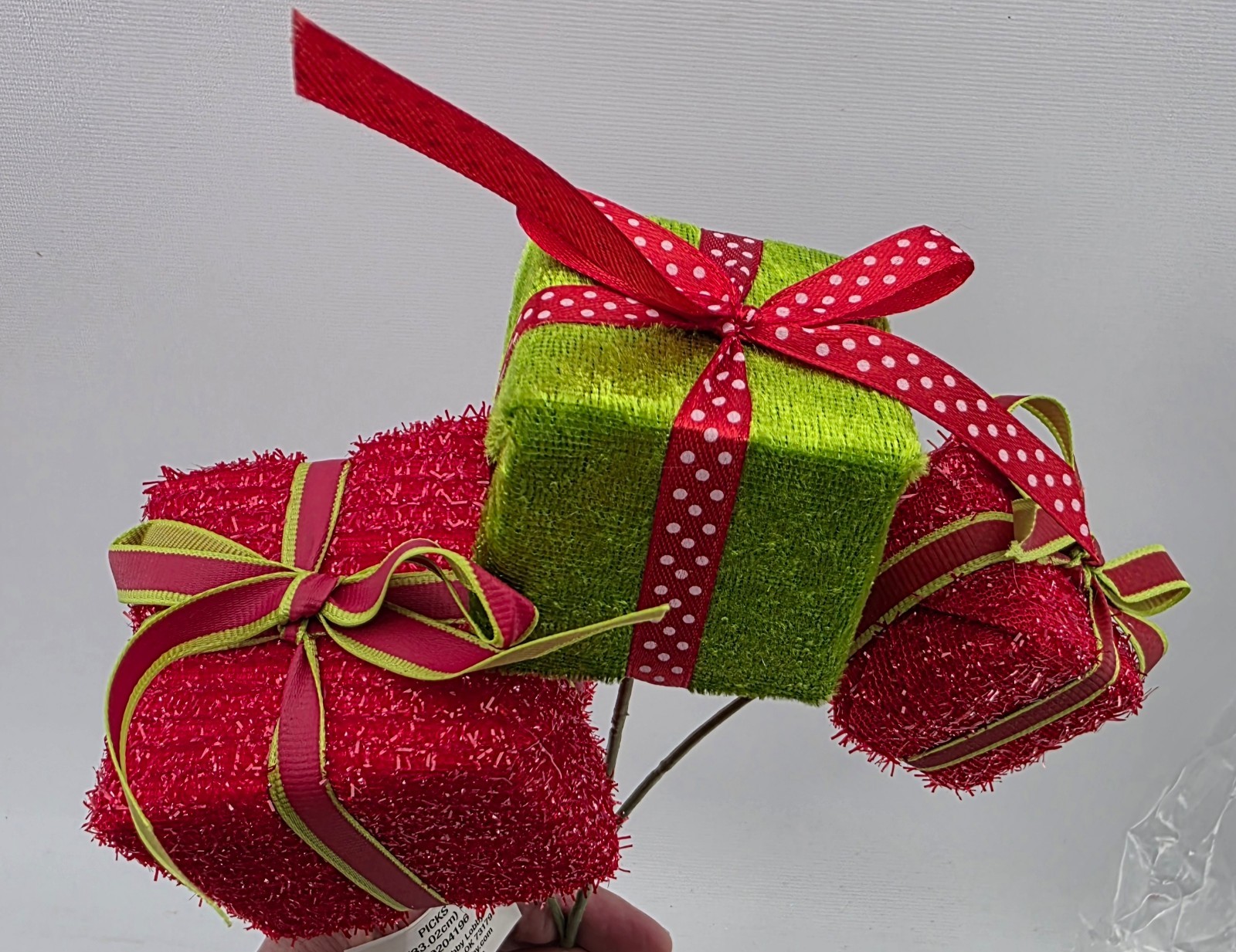 Grinch Green and Red Gift Box Picks Lot of 2 Stems 13″ Long Presents