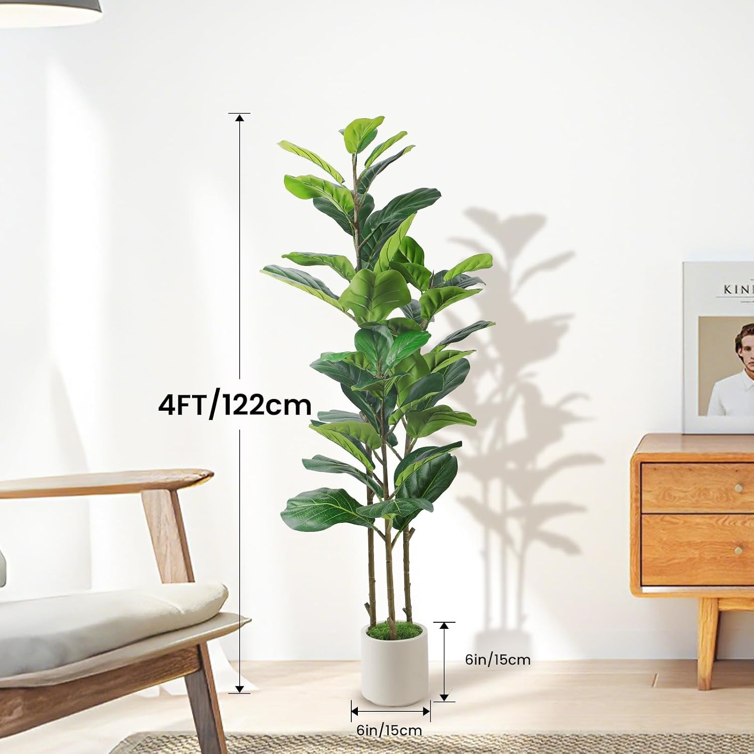 4FT Artificial Fiddle Leaf Fig Tree with White Planter Pot, 4 feet Tall Fake Tre