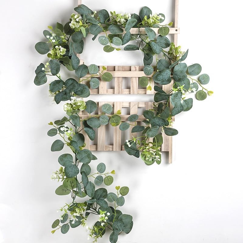 Artificial Eucalyptus Garland with White Flowers 2 Packs 5.9Ft Silver Dollar …