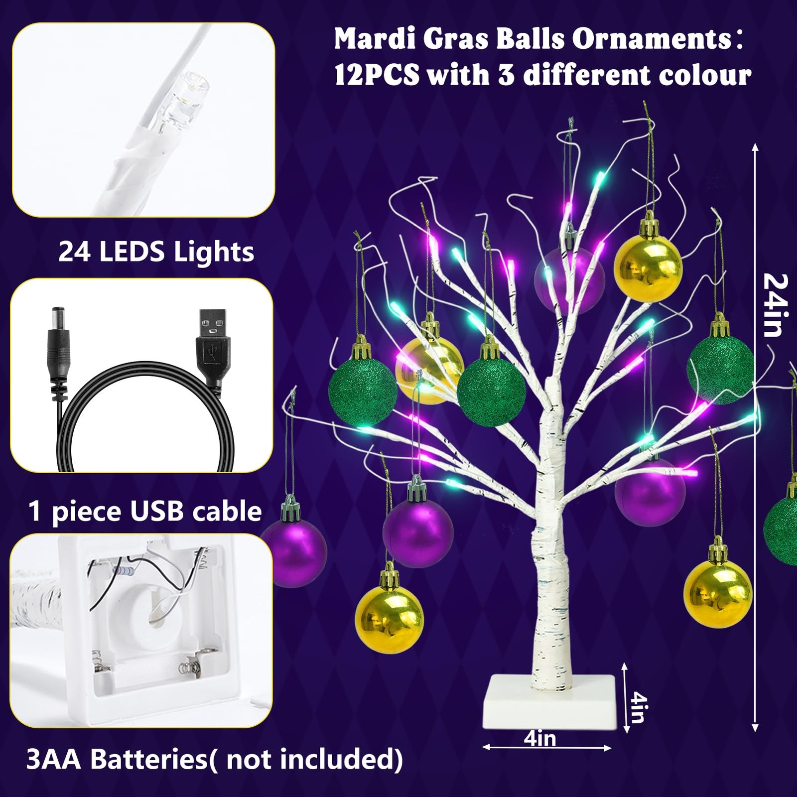 [Timer] 24” Mardi Gras Lighted Tabletop Birch Tree with 12pcs Ball Ornaments…