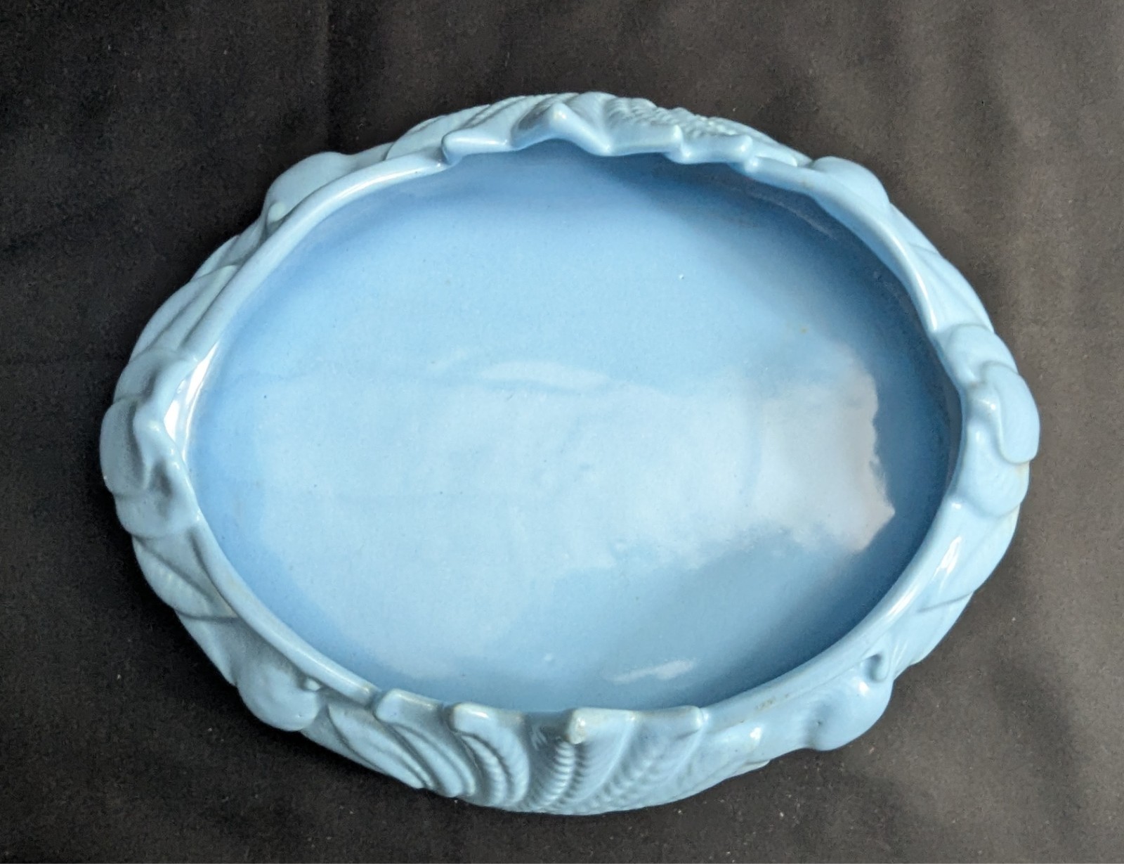 Vtg Camark Art Pottery Blue Shallow Bowl Planter & Bird Flower Frog Set (S4)