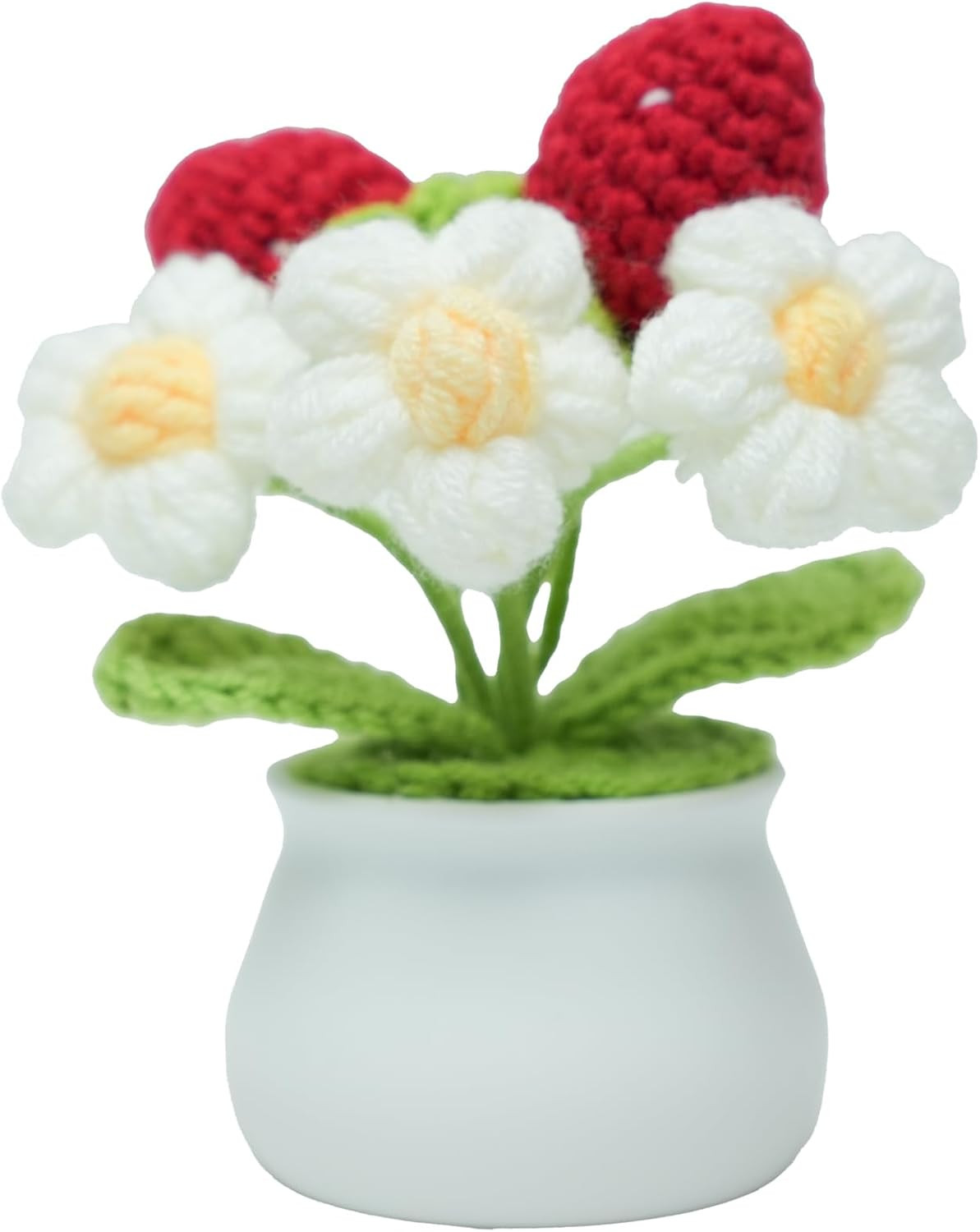 Crocheted Strawberry Potted Plants with Wool, Hand-Made Artificial Flowers and L