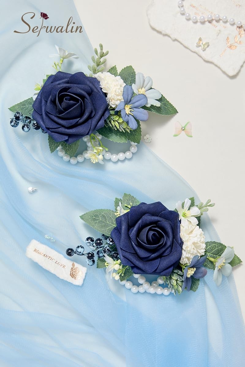 6-7 Inch Navy Blue Wrist Corsage Wedding Bridesmaid Artificial Flowers 2 PCS