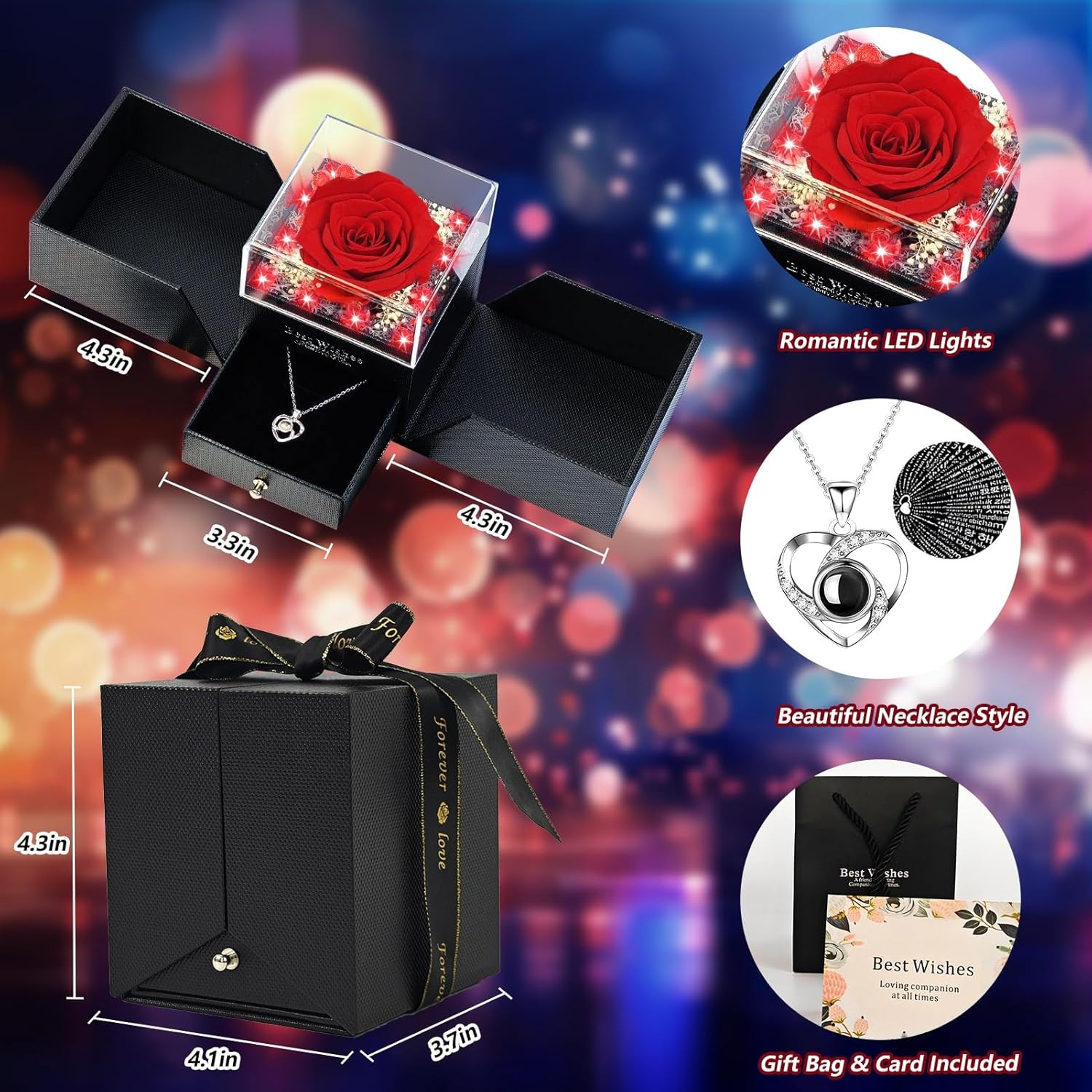Preserved Real Red Rose with Matching Red LED Light & 100 Languages Necklace – E