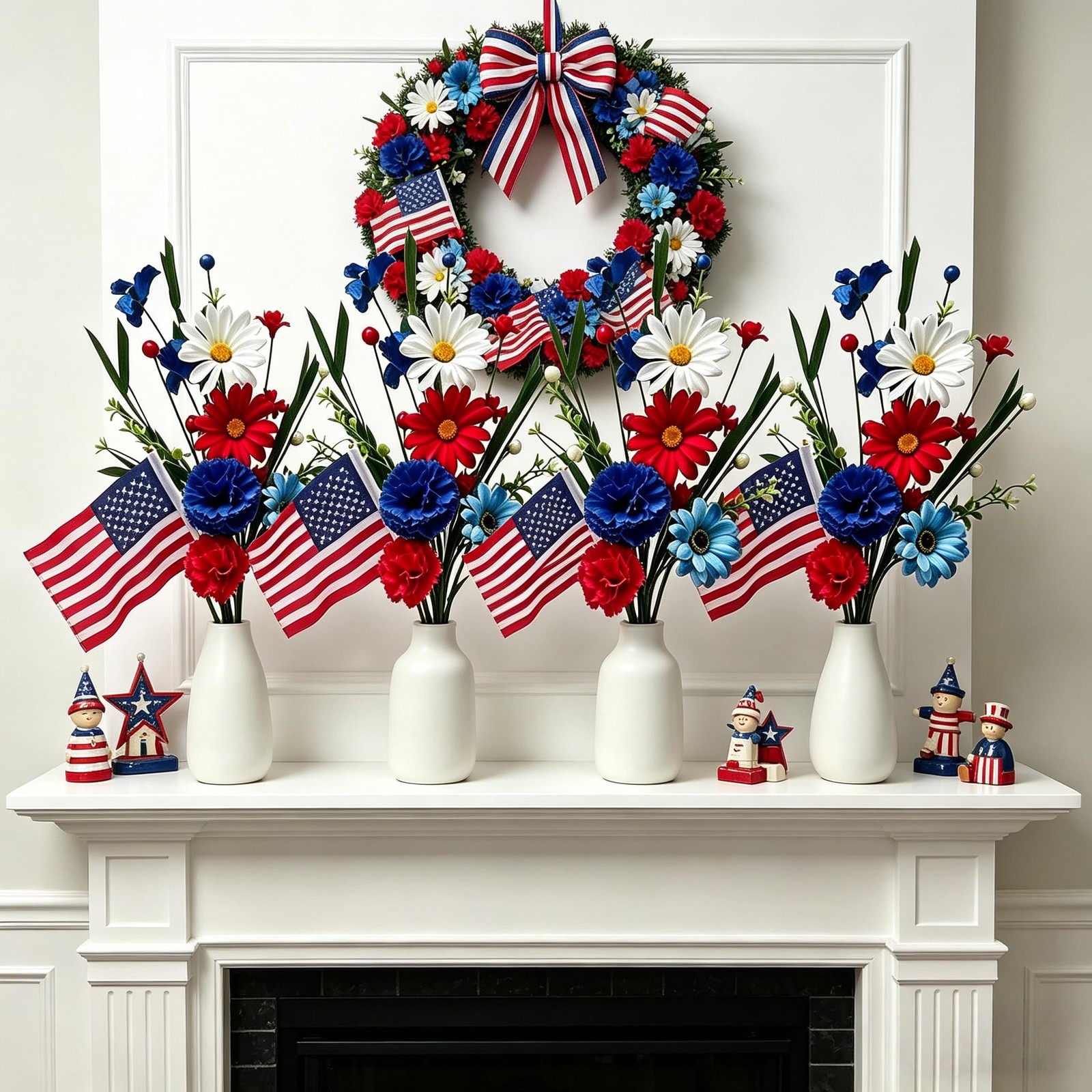 4 Pack 4th of July Picks Patriotic Artificial Red White Blue Daisy Flowers wi…