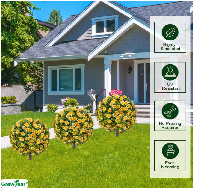 Fall Artificial Topiary Ball with Spike Set of 2, Faux Boxwoods Yellow