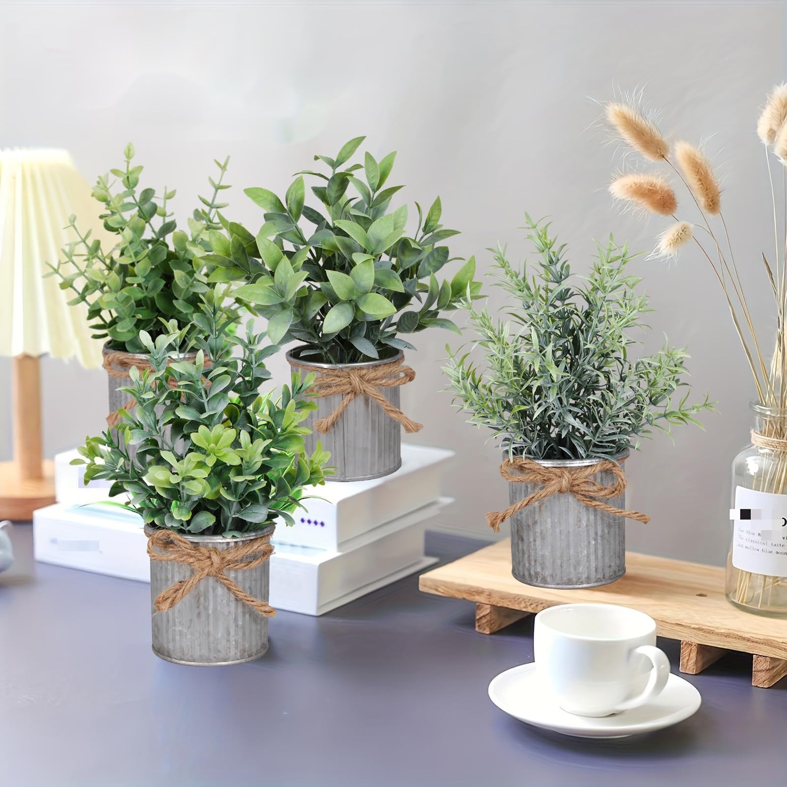 Small Artificial Plants Set of 4 Fake Potted Plant with Iron Pot Mini Greener…