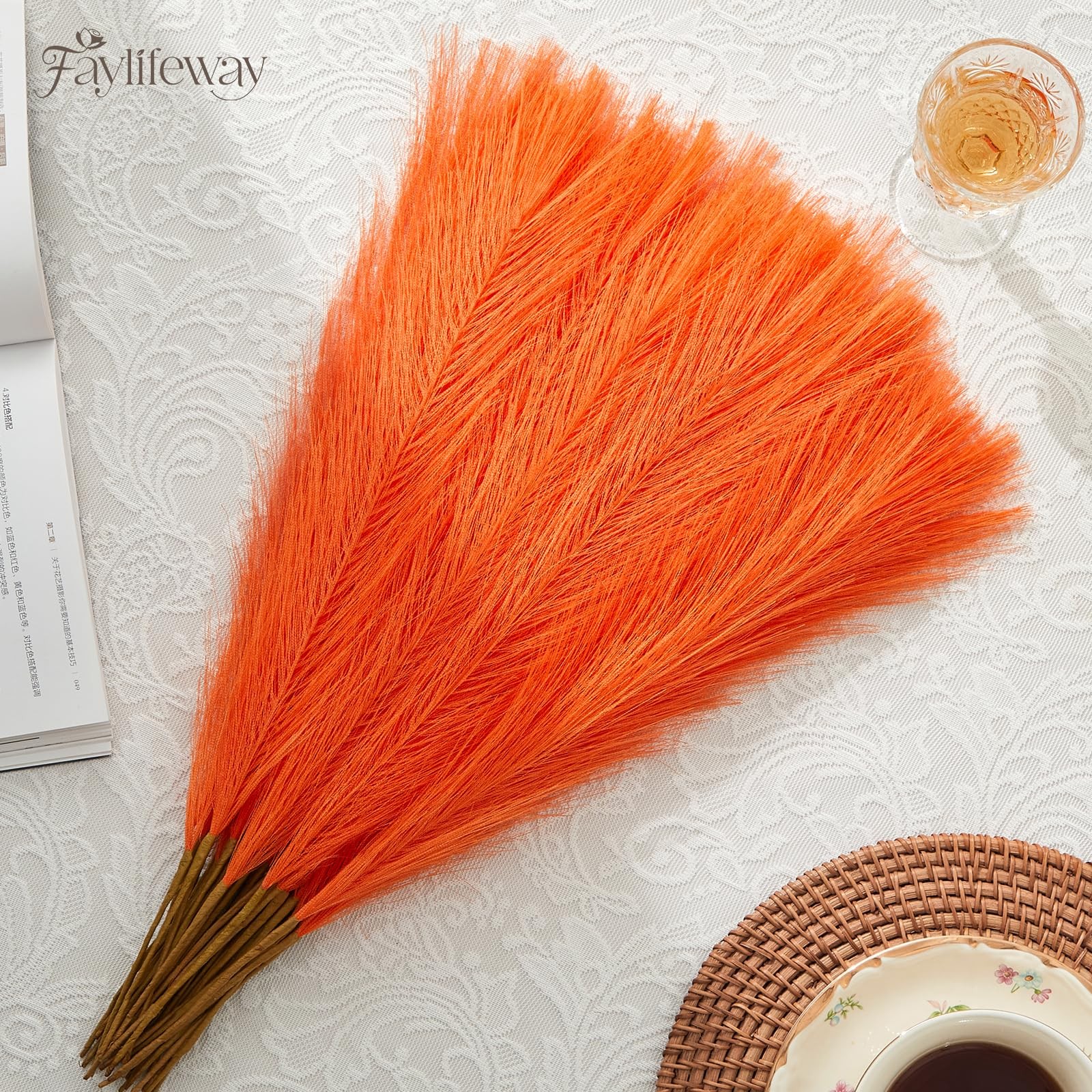 50PCS Light Orange Pampas Grass Decor, 17″ Fluffy Small Pampas Grass for Vase…