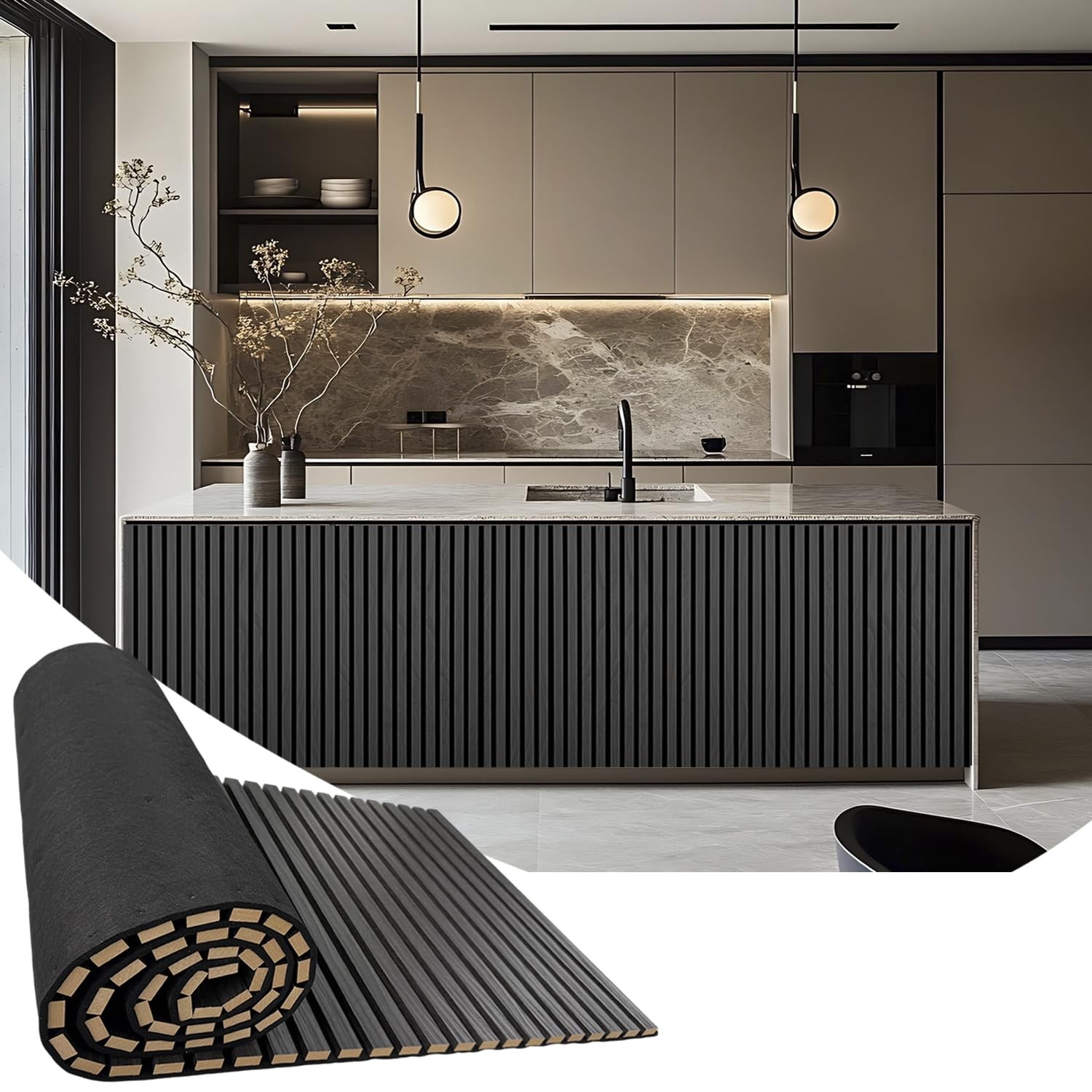 94.5 x 23.6 in Acoustic Wood Wall Panels,3D x inches, Dark Gray
