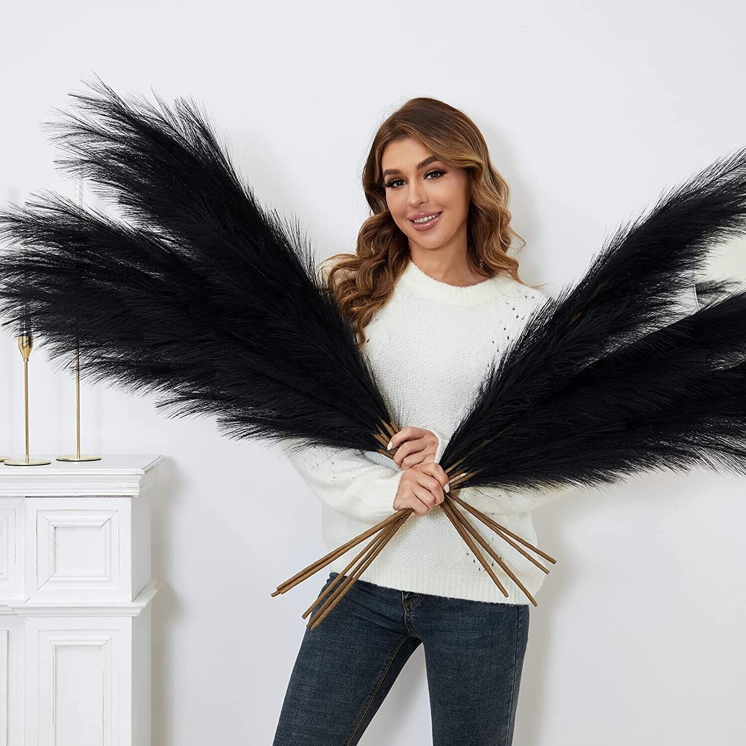 Faux Black Pampas Grass w/8 Large Artificial Pampas Grass Stems — 38″ Set of 8